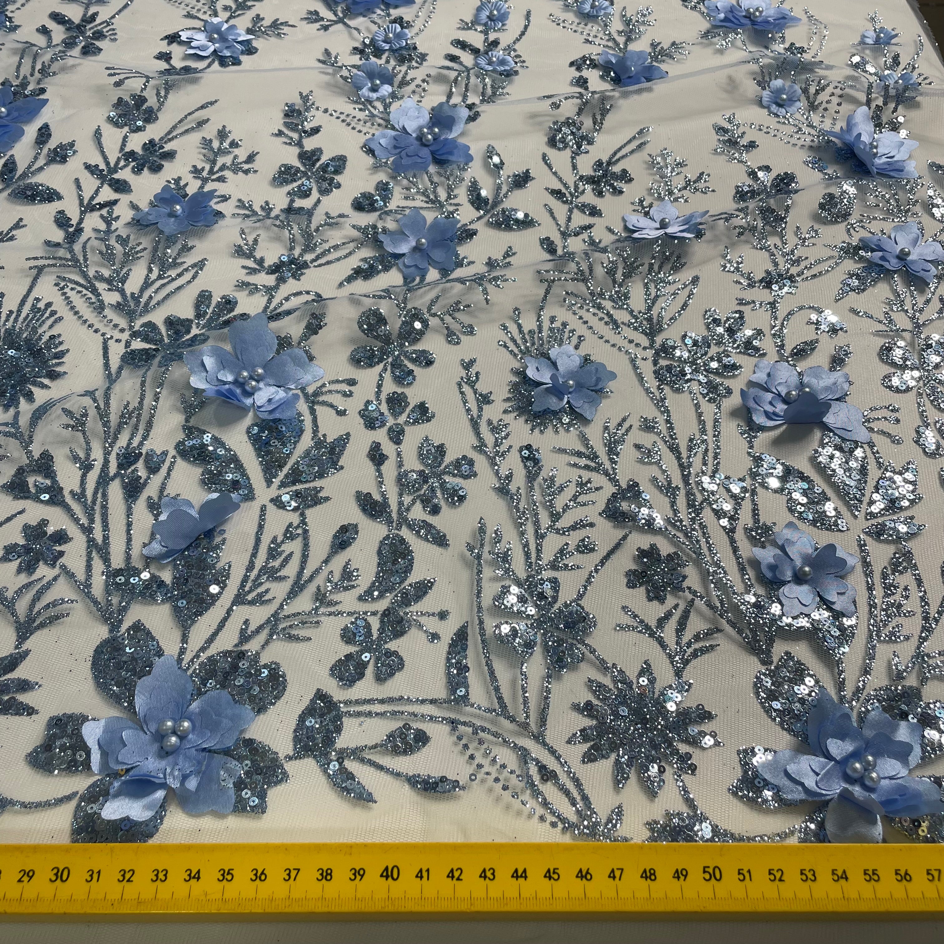 Tule Bordado Glitter 3D Floral Pérola Azul Serenity