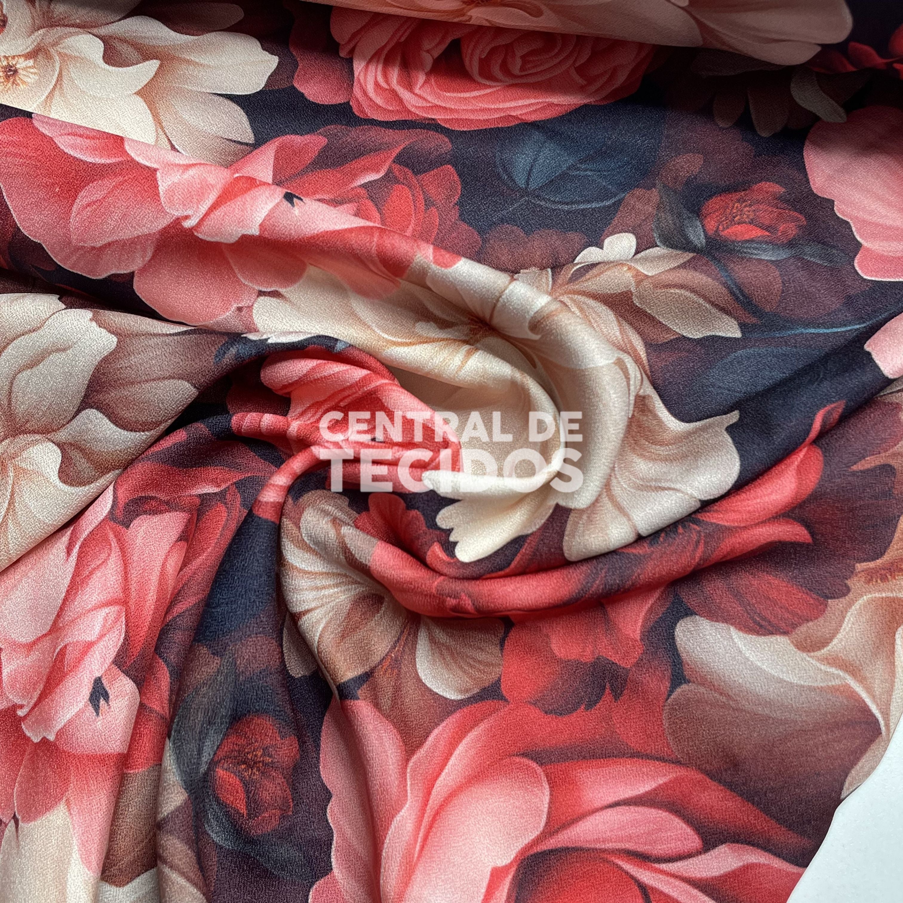 Crepe Torige Digital 3D Flores Avermelhadas