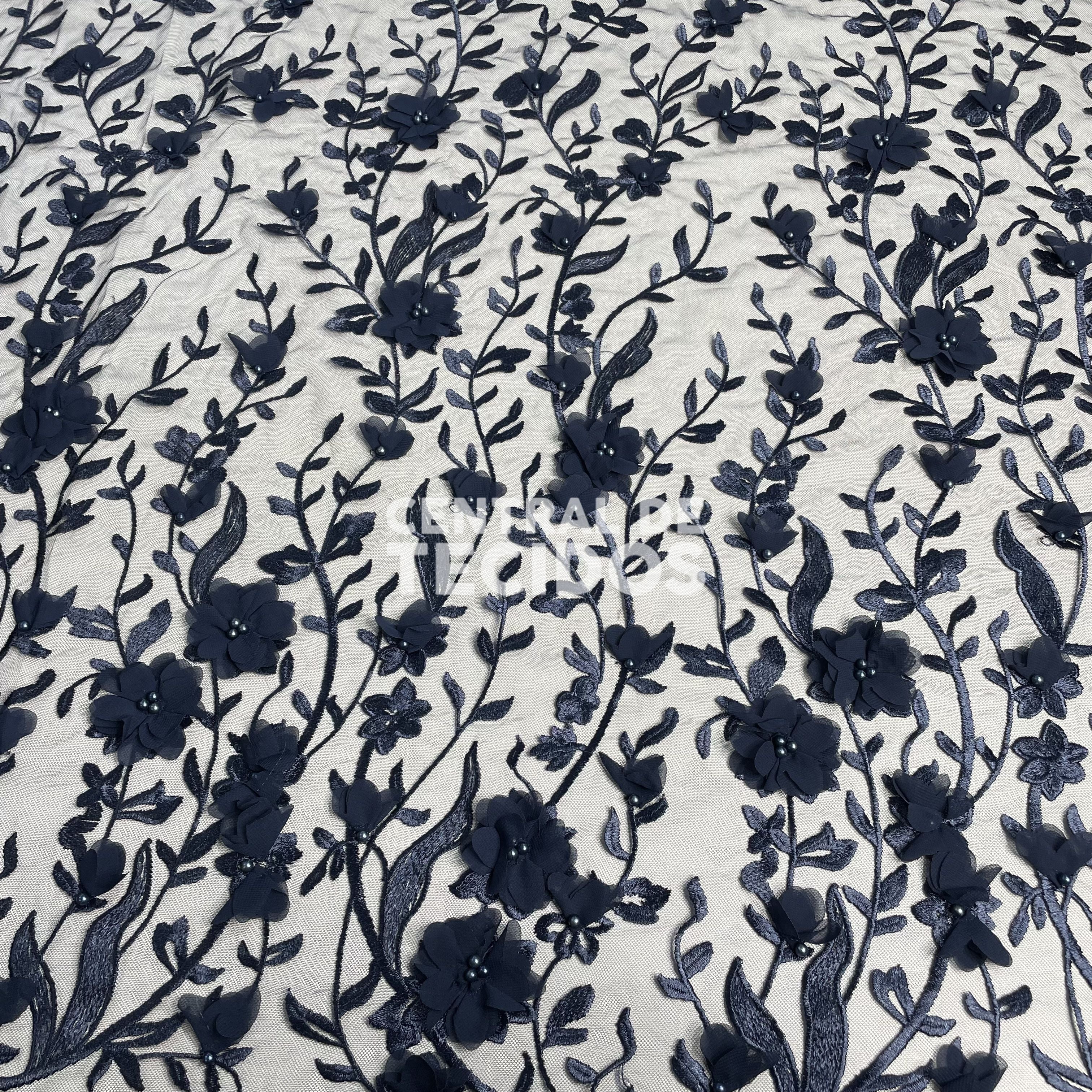 Tule Design Floral 3D Azul Marinho