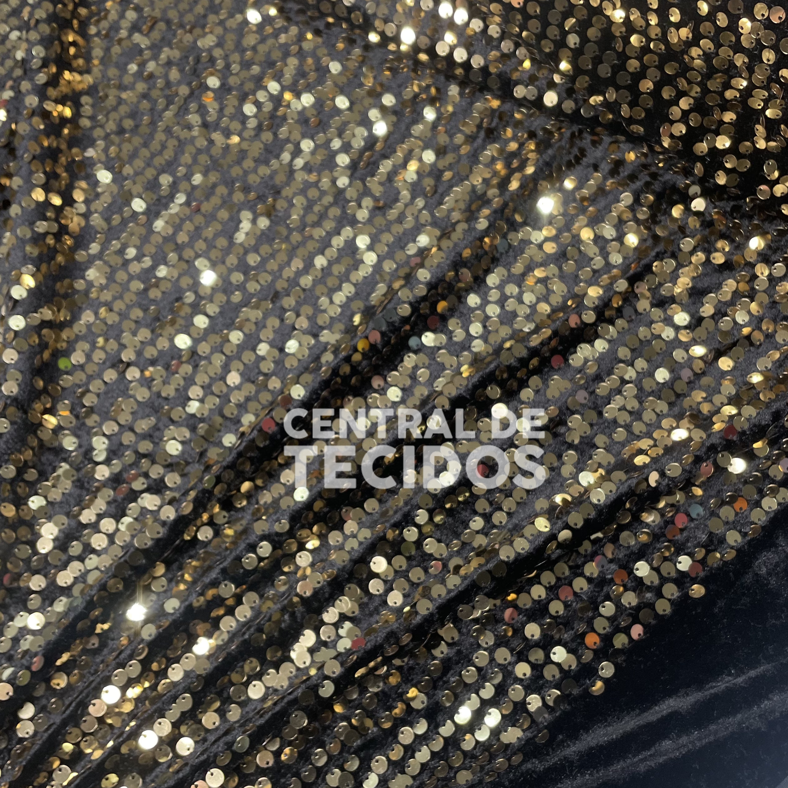 Veludo Paetê Preto e Dourado