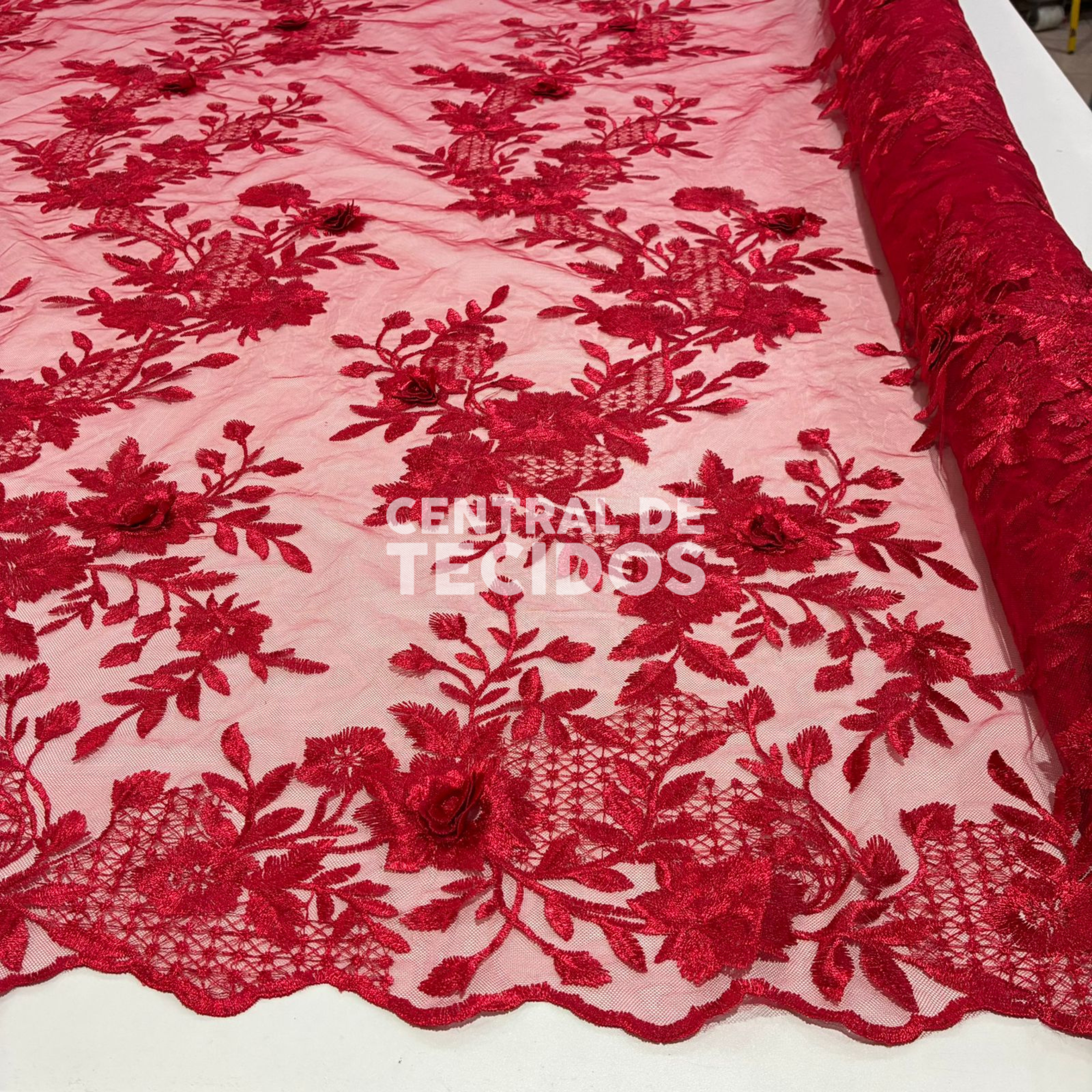 Tule Bordado London 3D Floral Vermelho