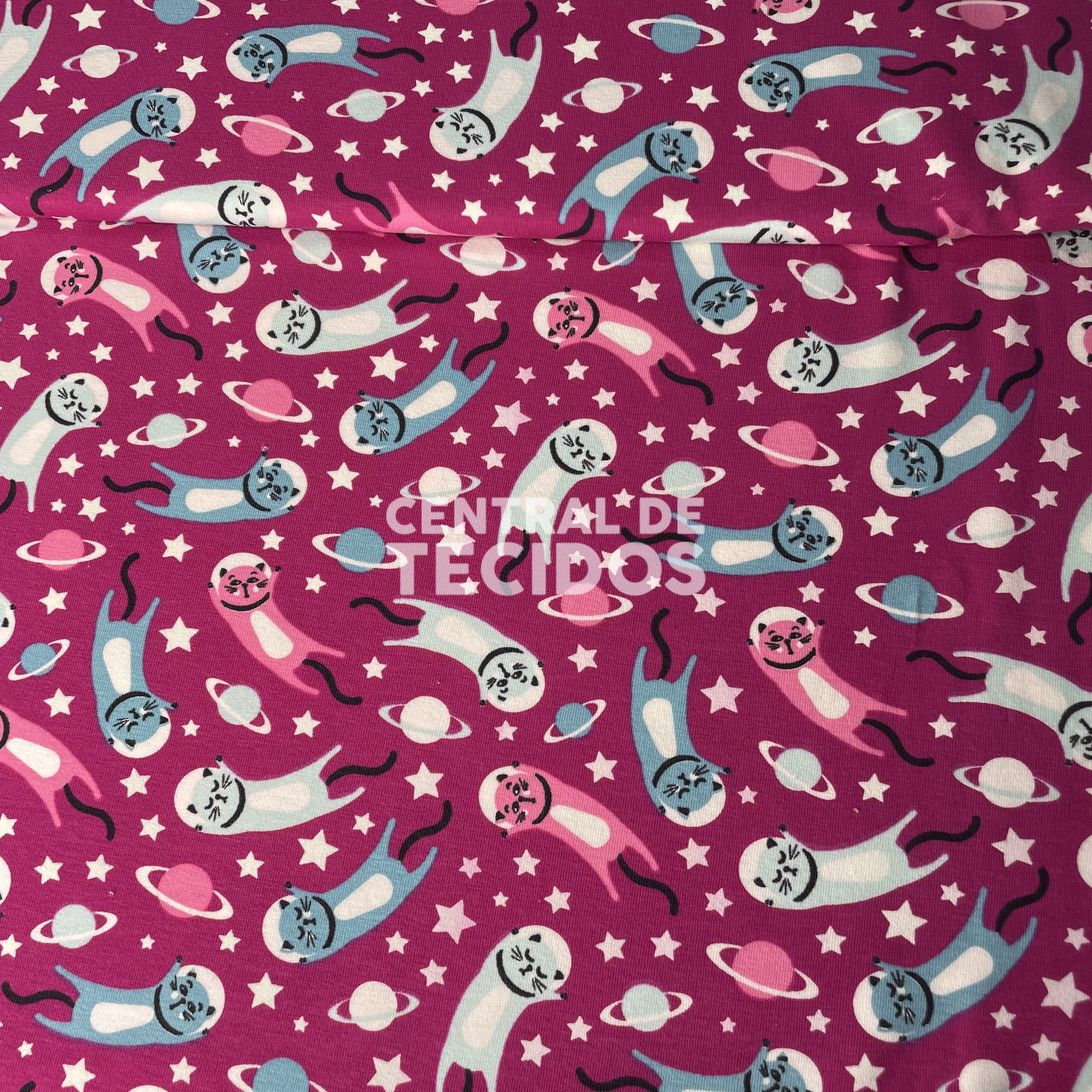 Malha Cotton Rosa Gatinhos Lunares