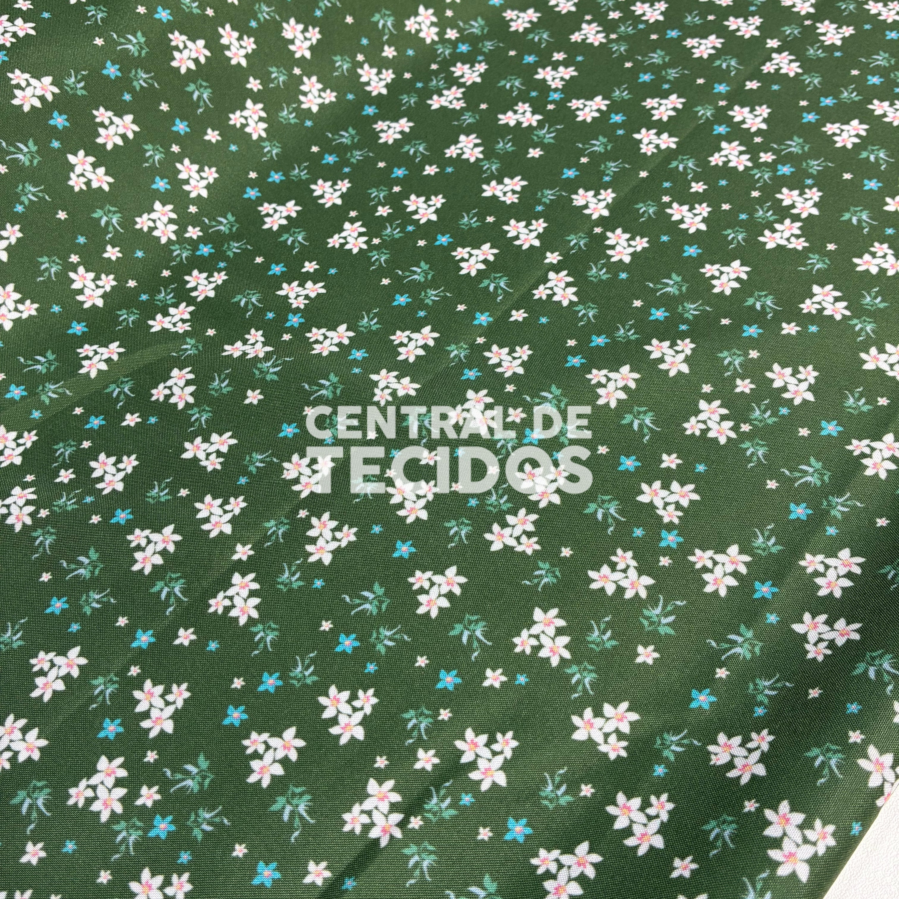 Oxfordine Digital Floral Branco Fundo Verde