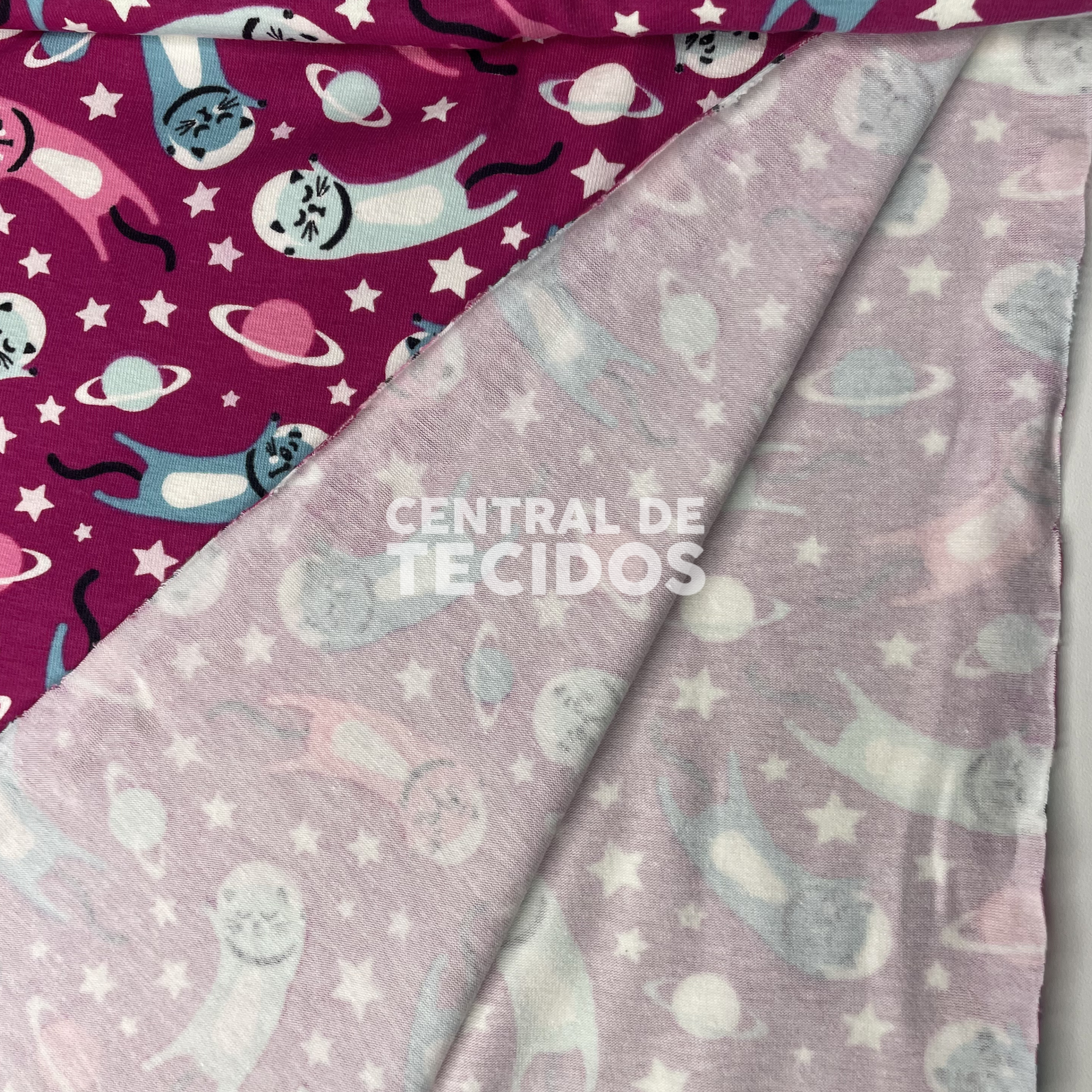 Malha Cotton Rosa Gatinhos Lunares