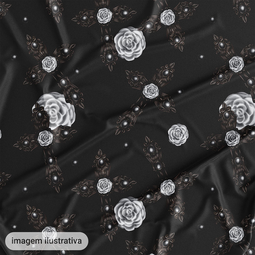 Oxford Digital Gótico Cruzes e Rosas Brancas Fundo Preto