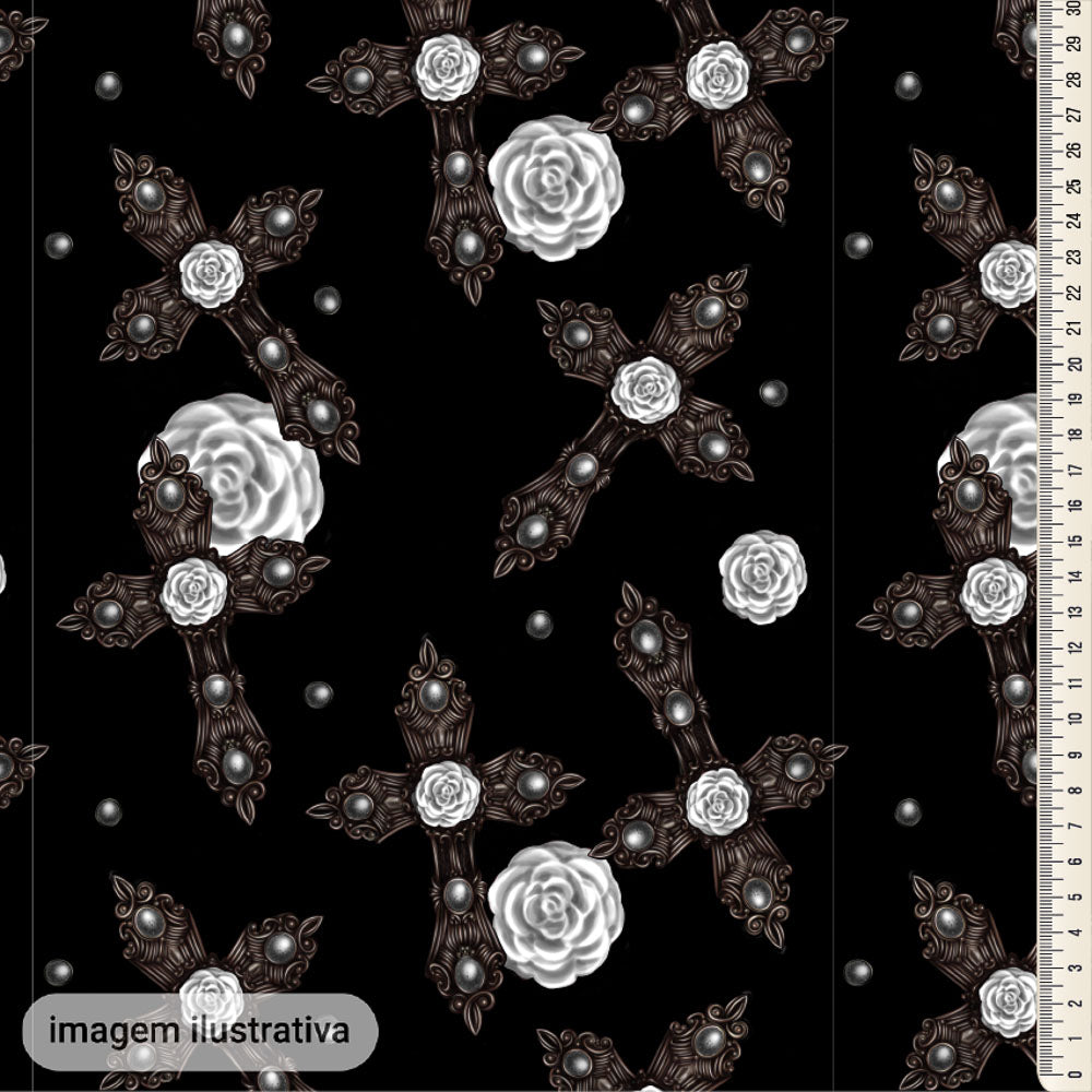Oxford Digital Gótico Cruzes e Rosas Brancas Fundo Preto