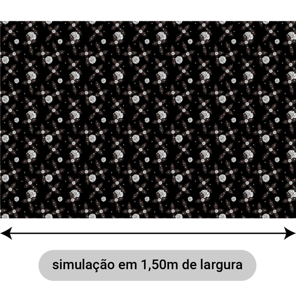 Oxford Digital Gótico Cruzes e Rosas Brancas Fundo Preto