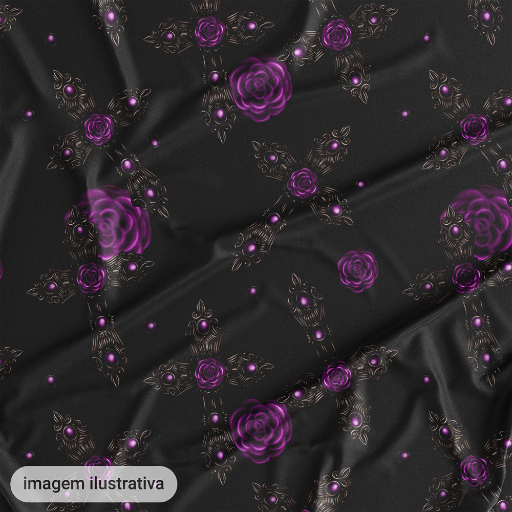 Oxford Digital Gótico Cruzes e Rosas Roxas Fundo Preto