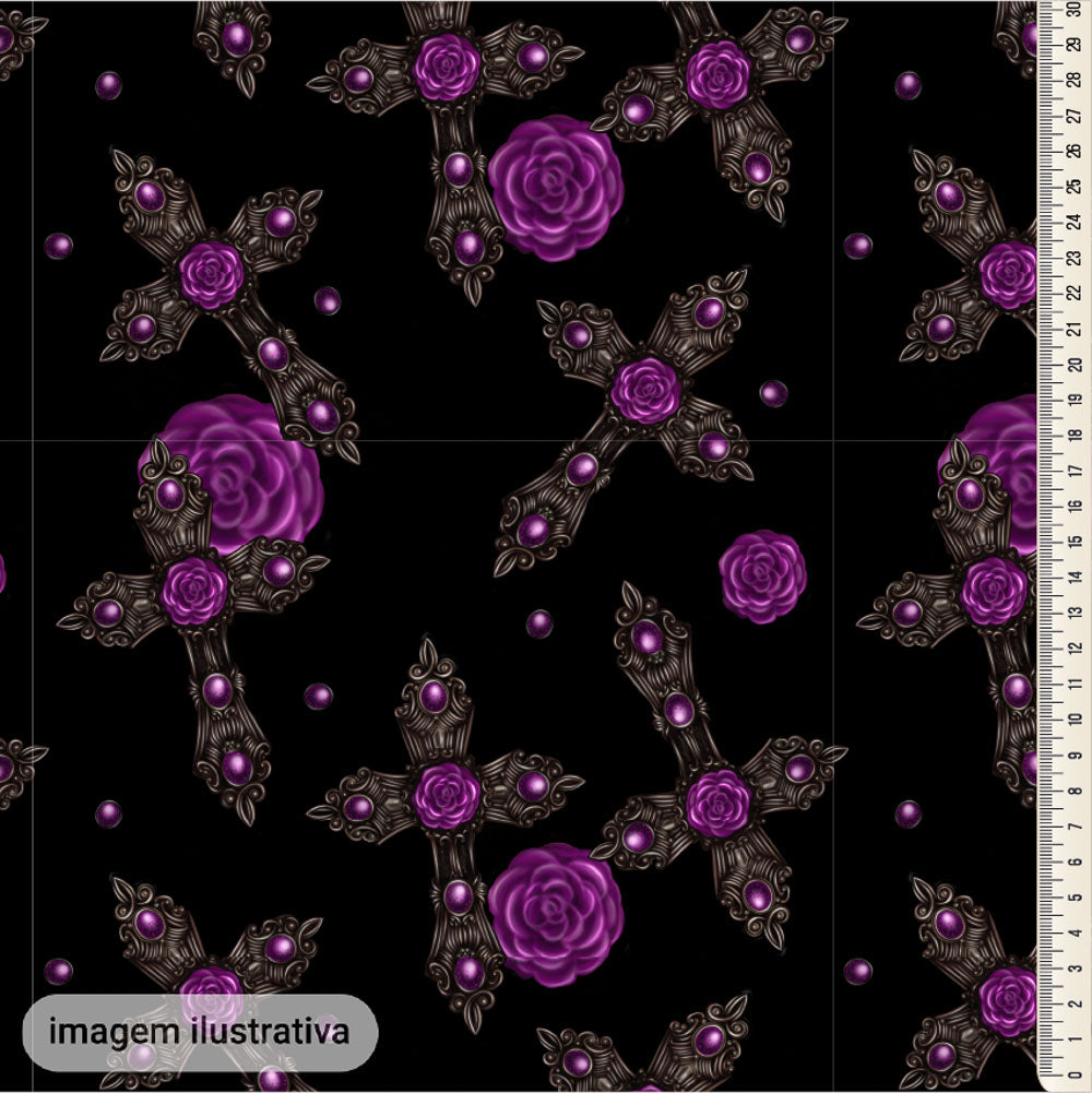 Oxford Digital Gótico Cruzes e Rosas Roxas Fundo Preto