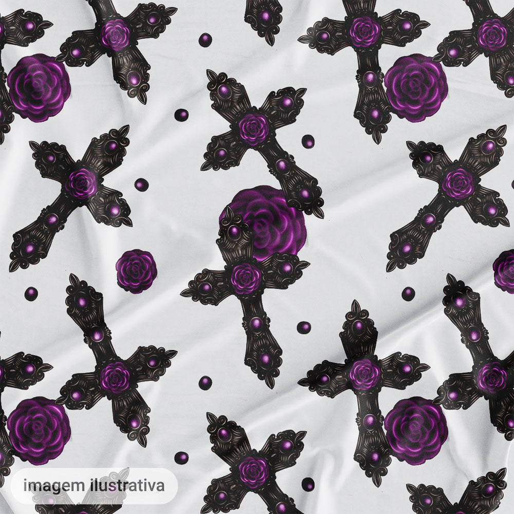 Oxford Digital Gótico Cruzes e Rosas Roxas Fundo Branco
