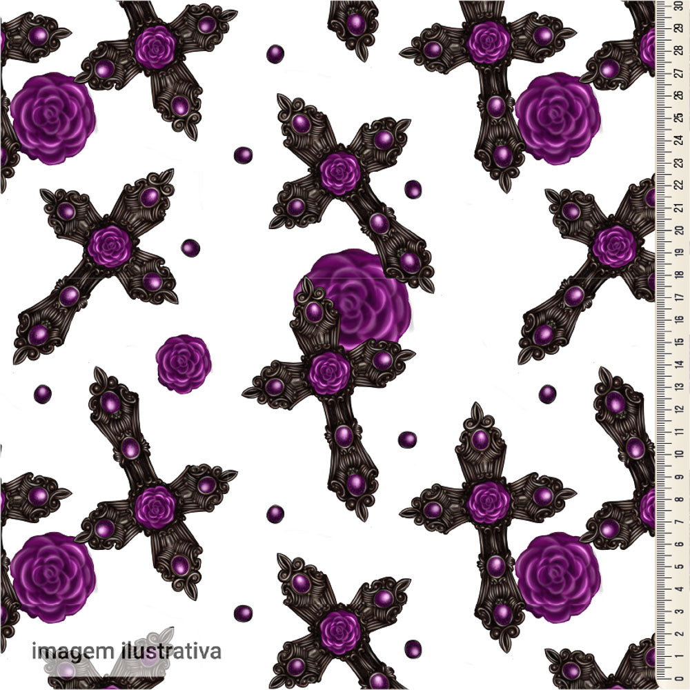 Oxford Digital Gótico Cruzes e Rosas Roxas Fundo Branco