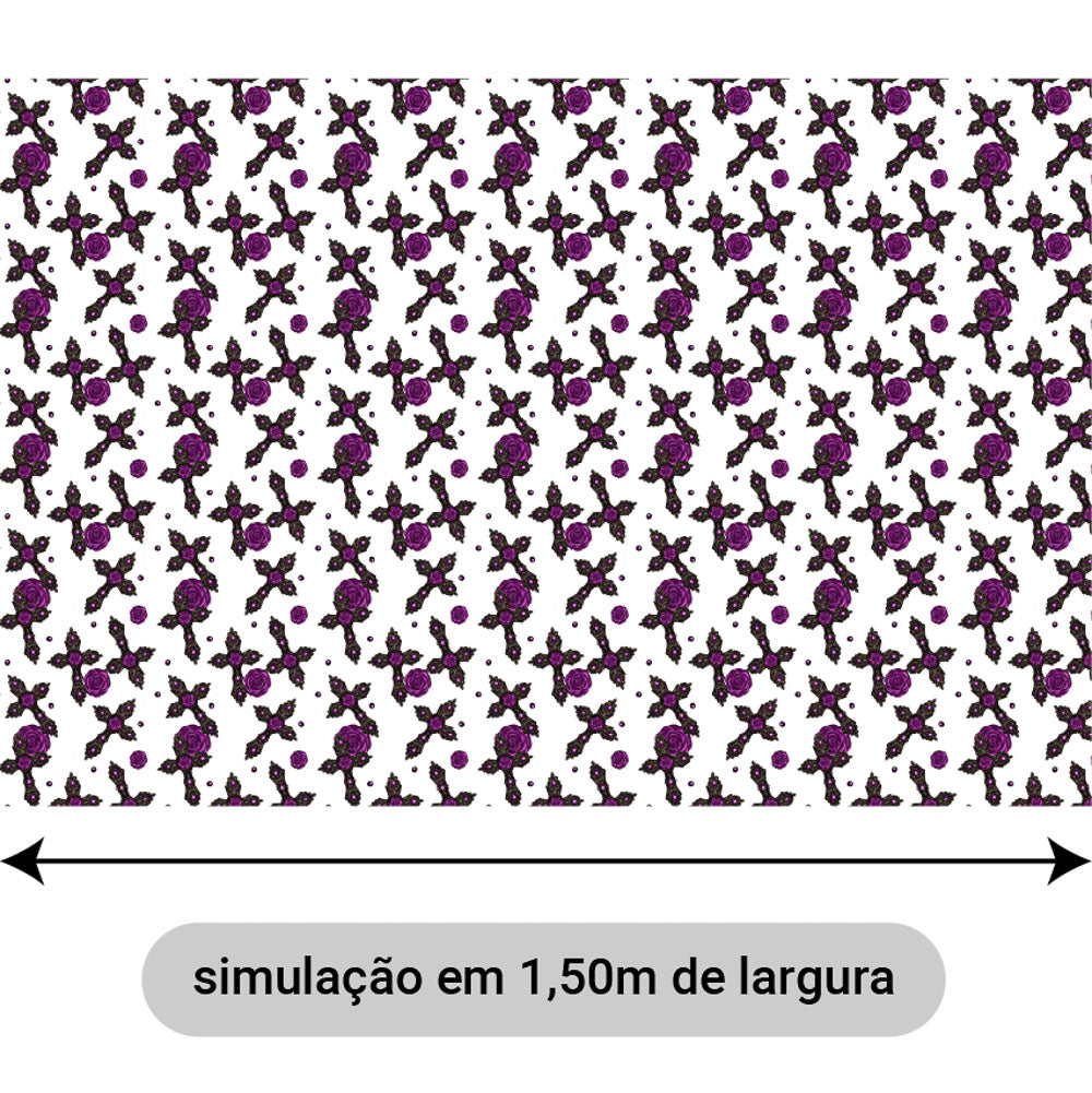 Oxford Digital Gótico Cruzes e Rosas Roxas Fundo Branco