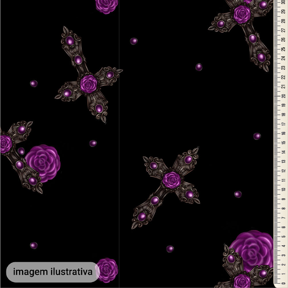 Oxford Digital Cruzes e Rosas Roxas Fundo Preto