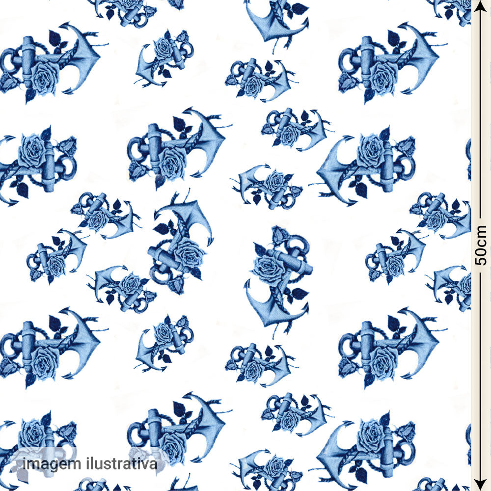 Oxford Digital Âncoras e Rosas Azuis Fundo Branco