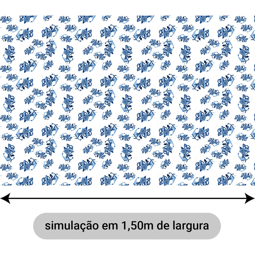 Oxford Digital Âncoras e Rosas Azuis Fundo Branco