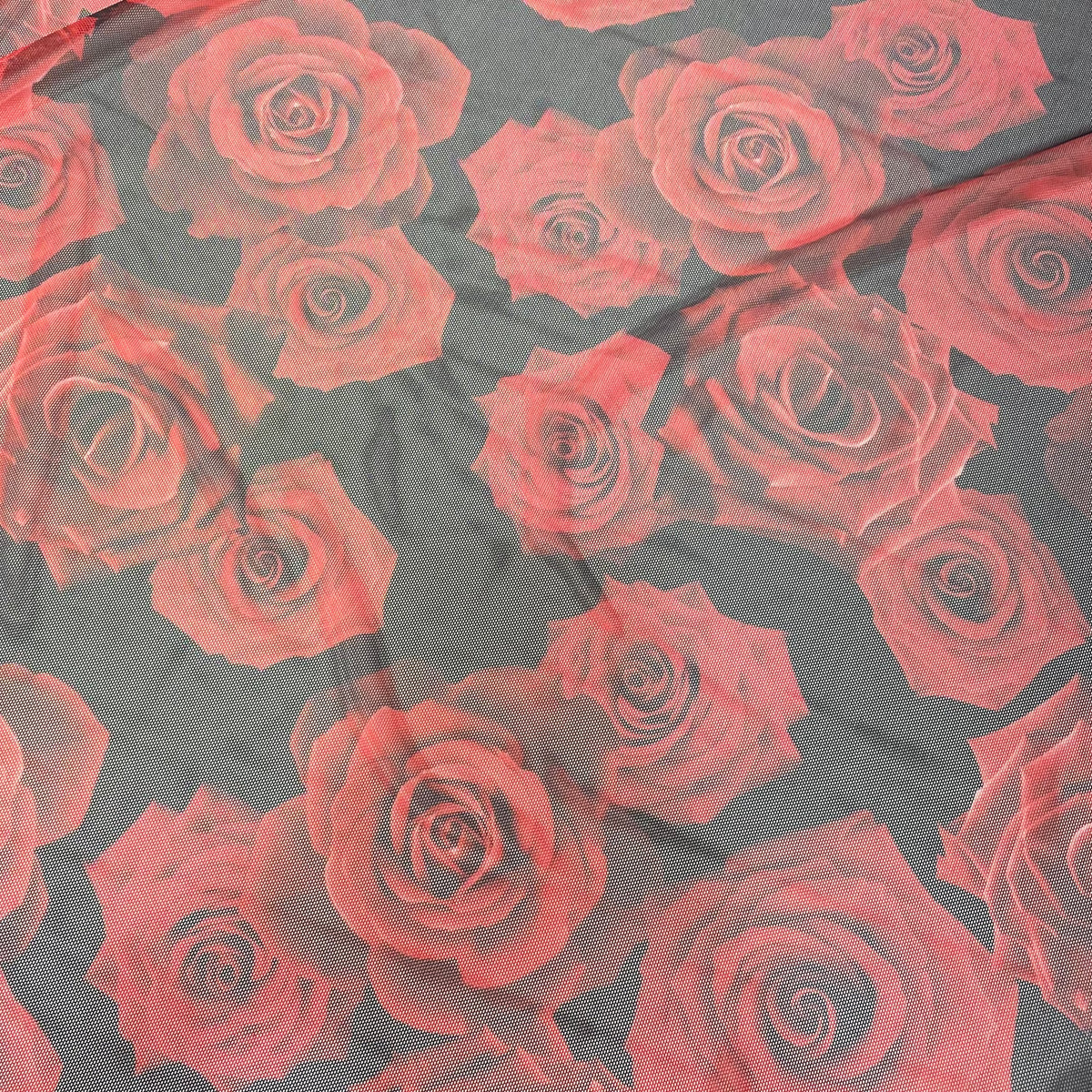 Tule com Elastano Digital Rosas Vermelhas