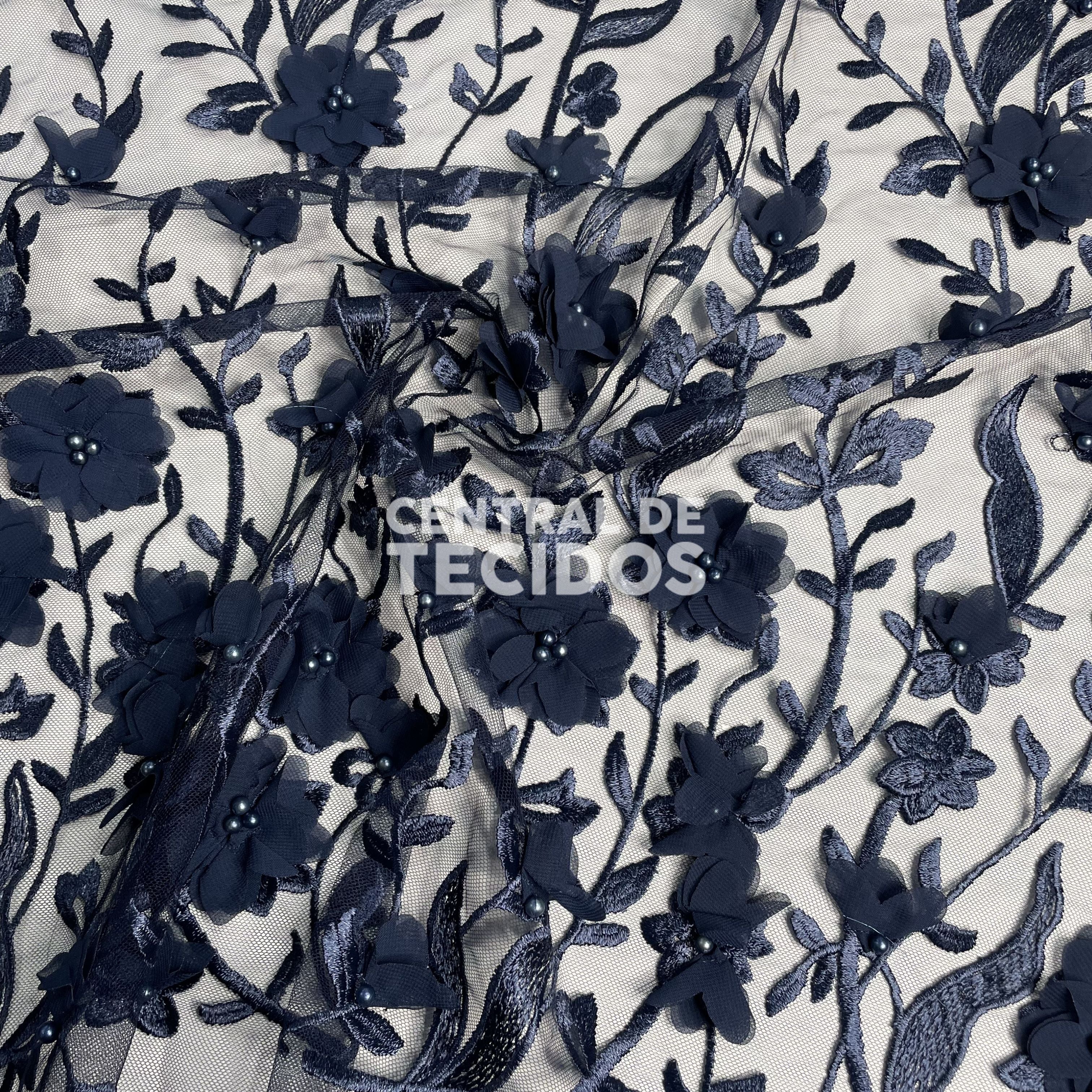 Tule Design Floral 3D Azul Marinho
