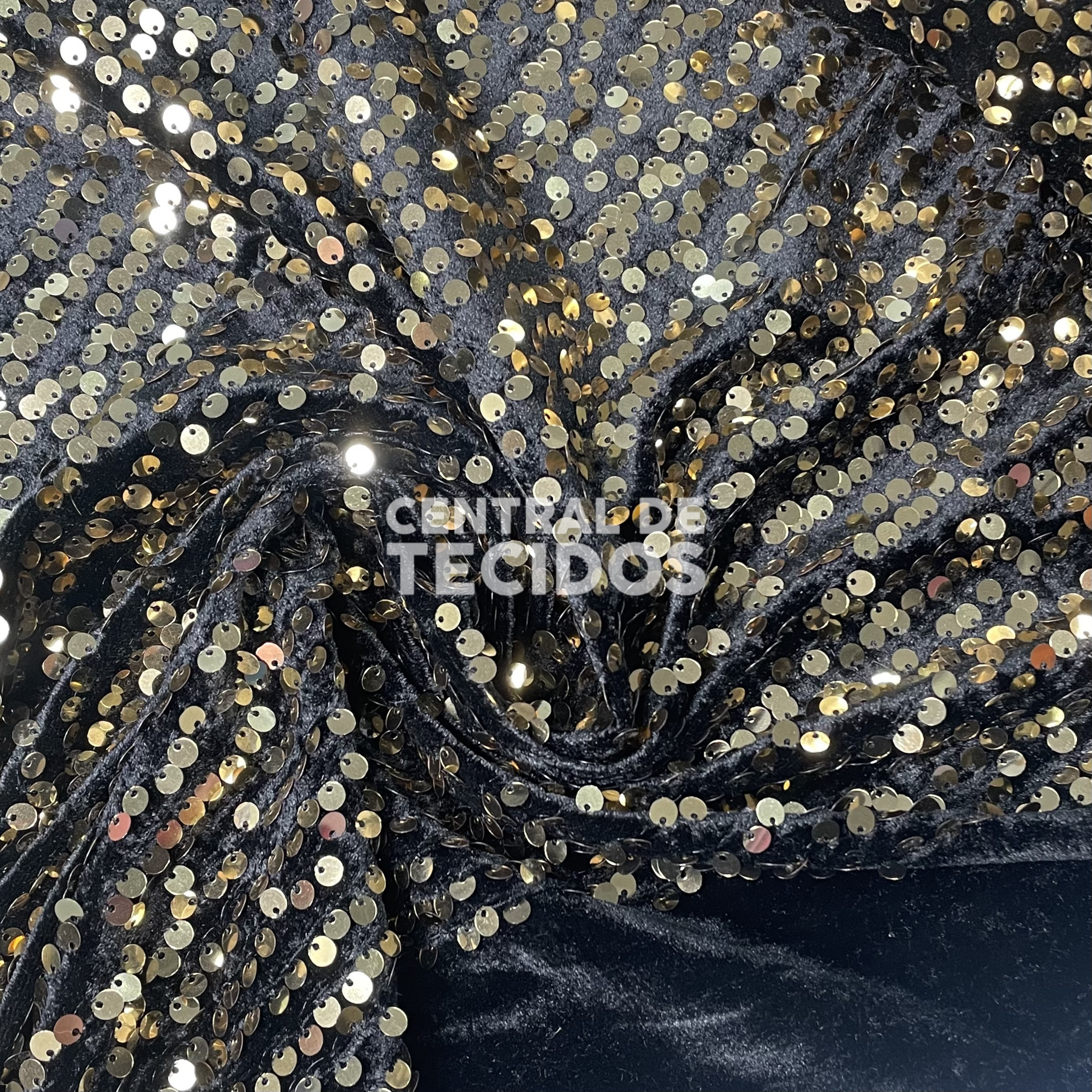 Veludo Paetê Preto e Dourado