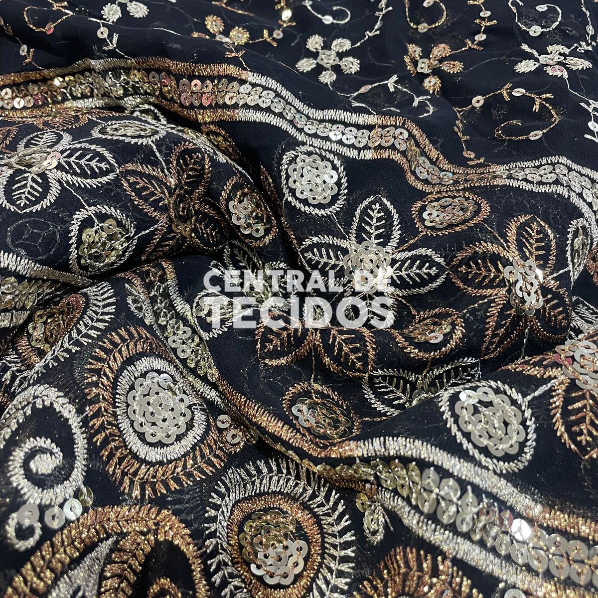 Chiffon Bordado Indiano Preto