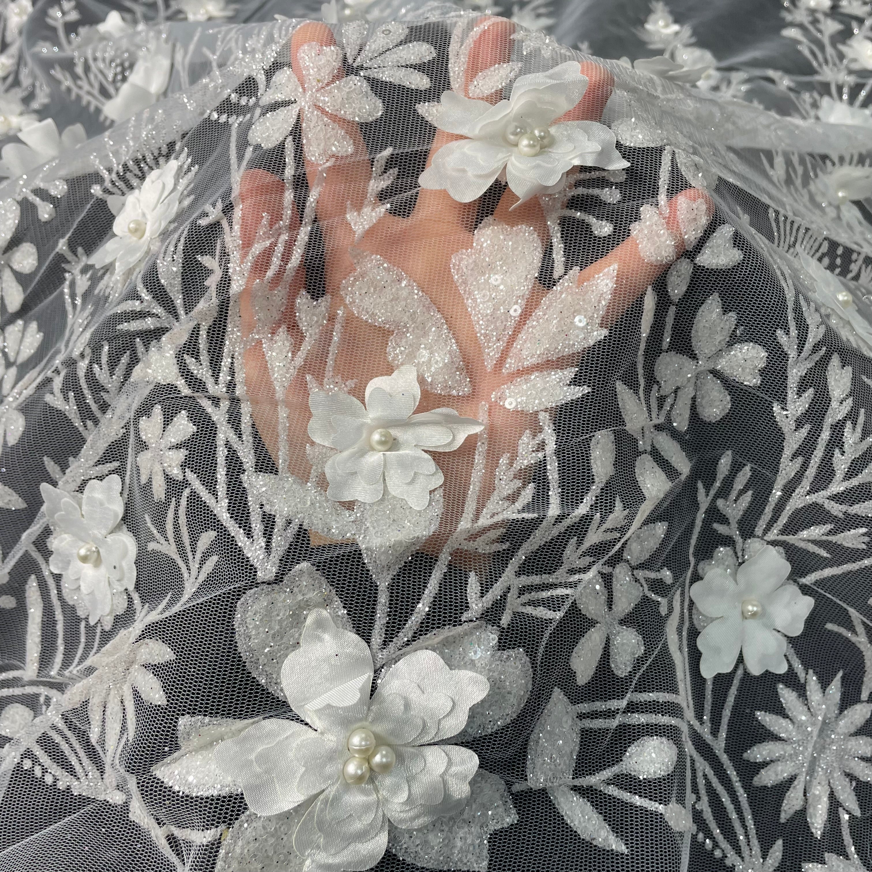 Tule Bordado Glitter 3D Floral Pérola Branco