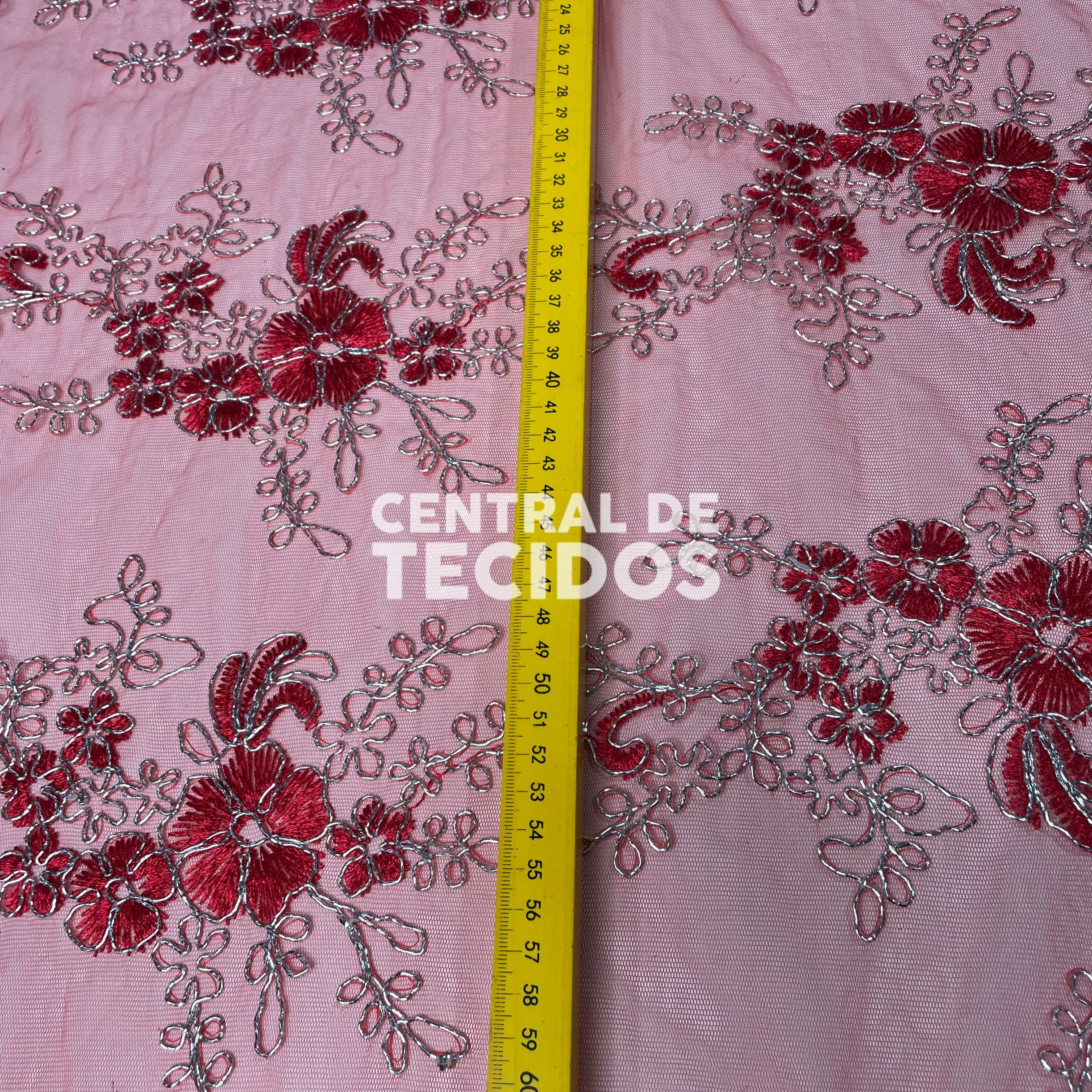 Tule Bordado Metalic Vermelho e Prata
