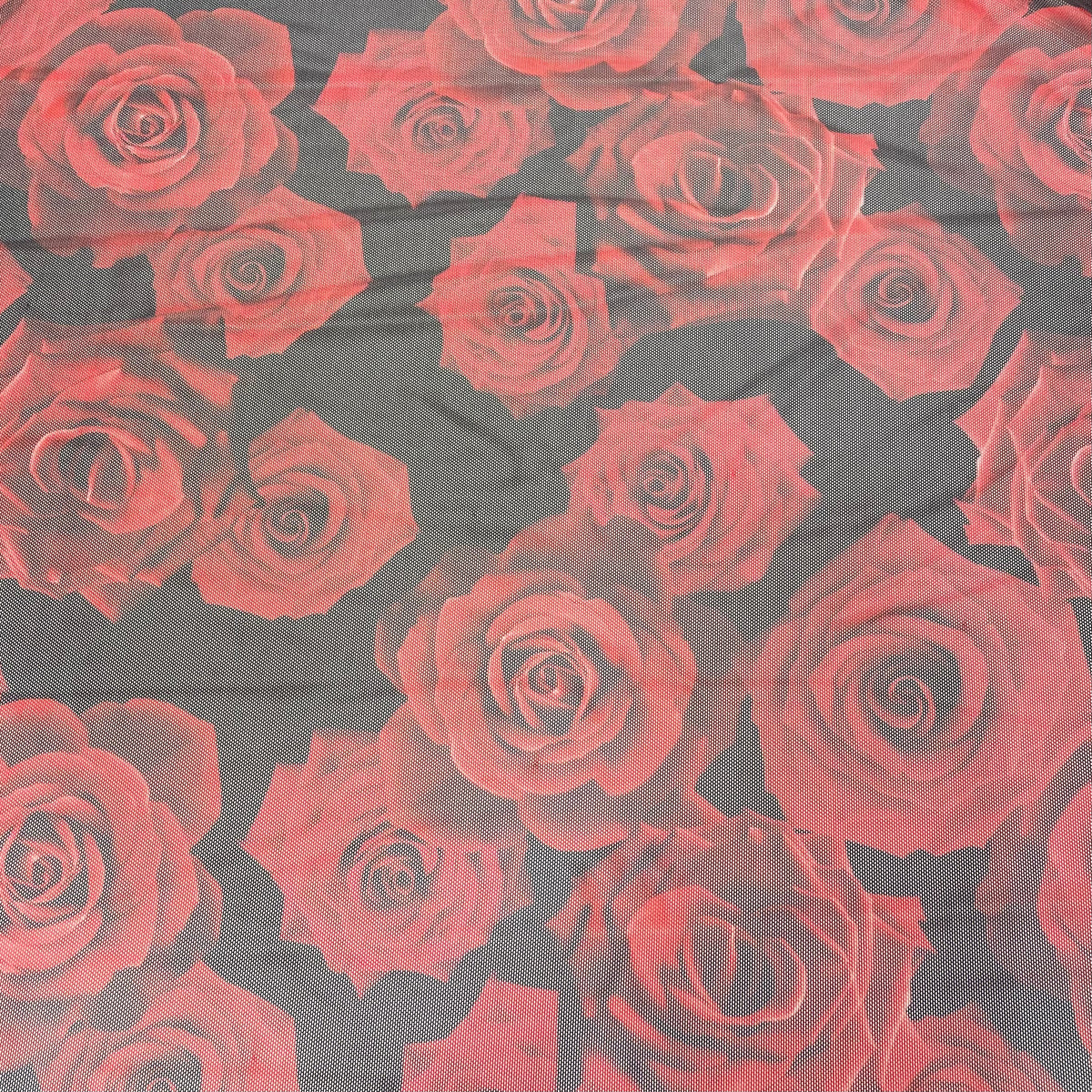 Tule com Elastano Digital Rosas Vermelhas
