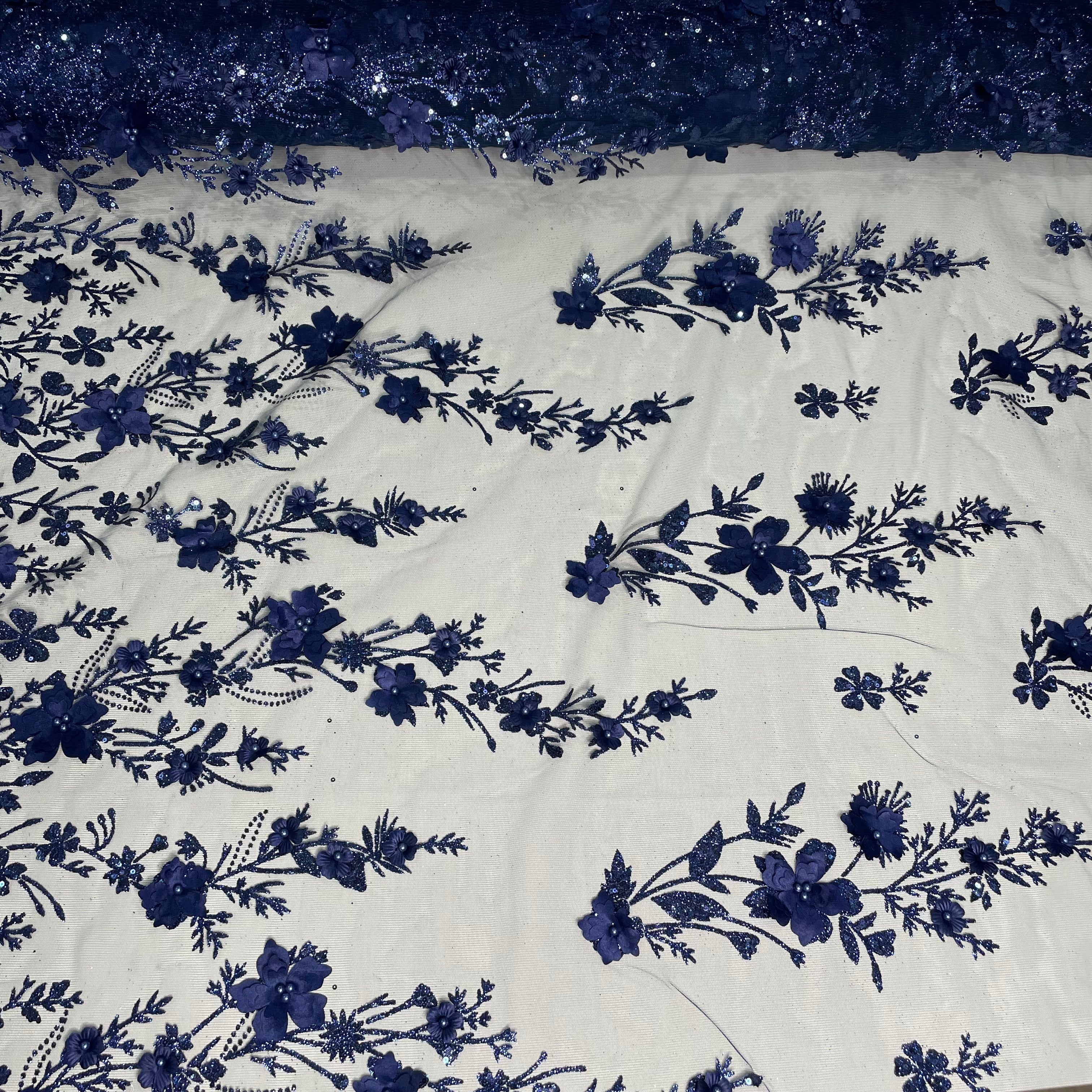 Tule Bordado Glitter 3D Floral Pérola Azul Marinho