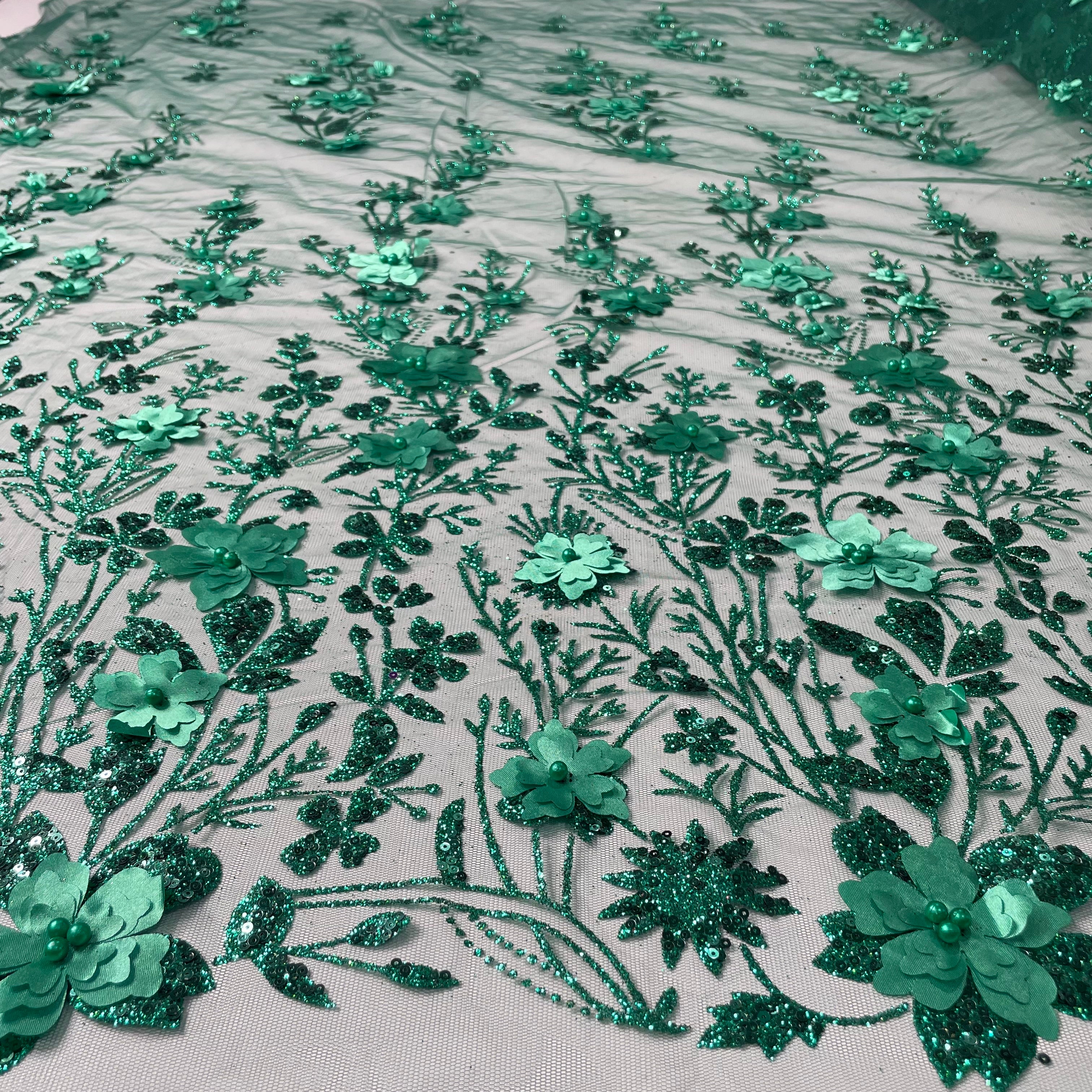 Tule Bordado Glitter 3D Floral Pérola Verde Esmeralda