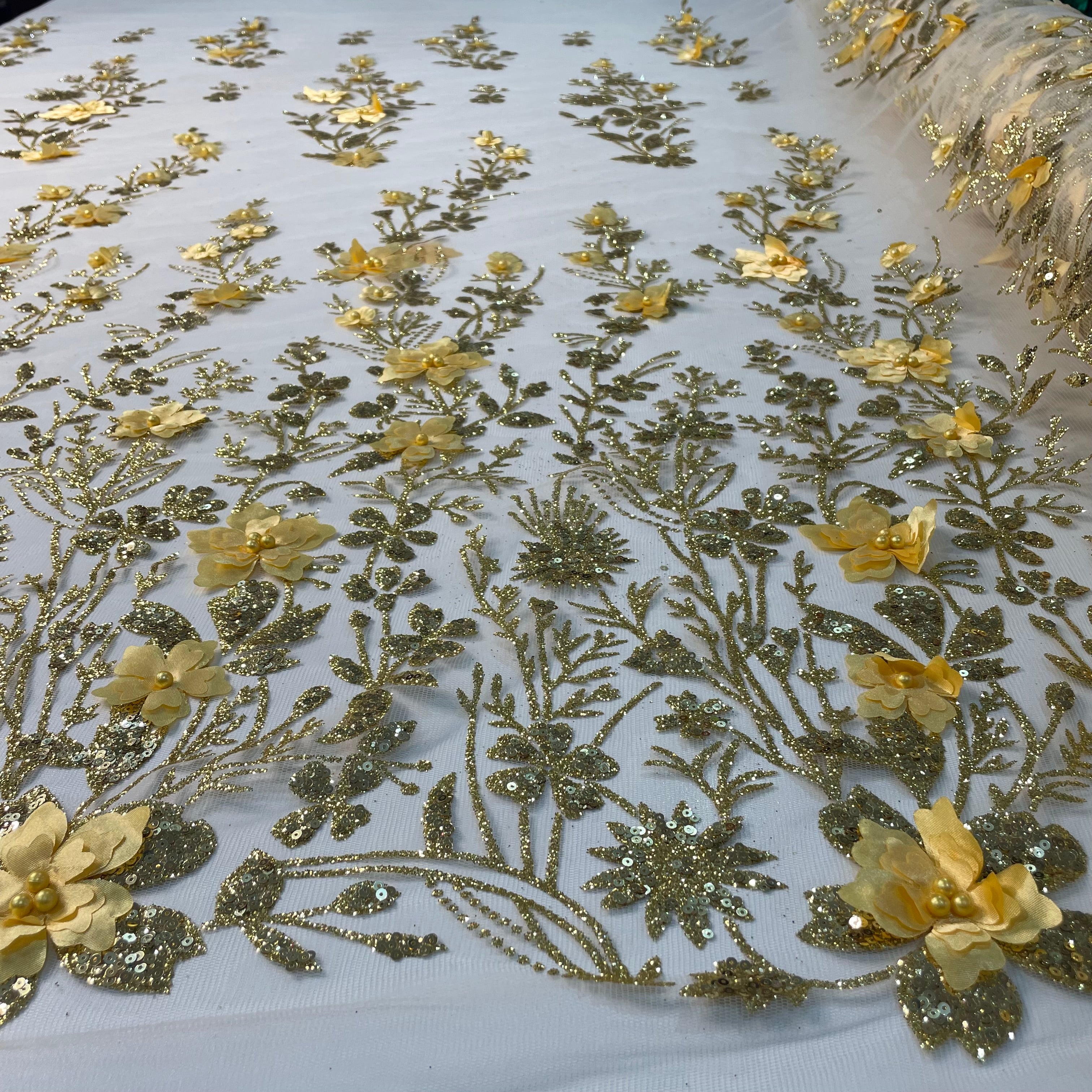 Tule Bordado Glitter 3D Floral Pérola Dourado