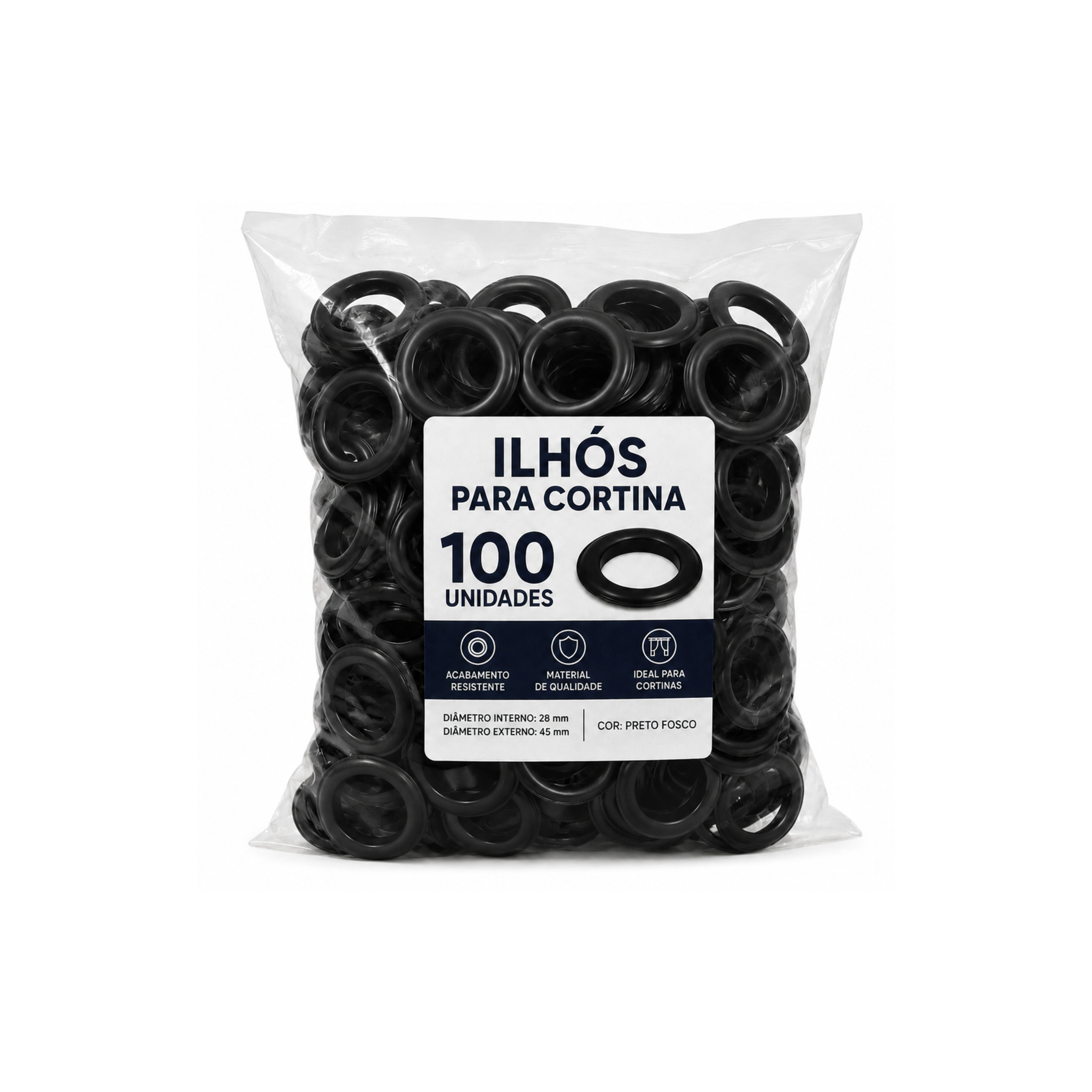100 Unidades de Ilhós para Cortina Preto Fosco