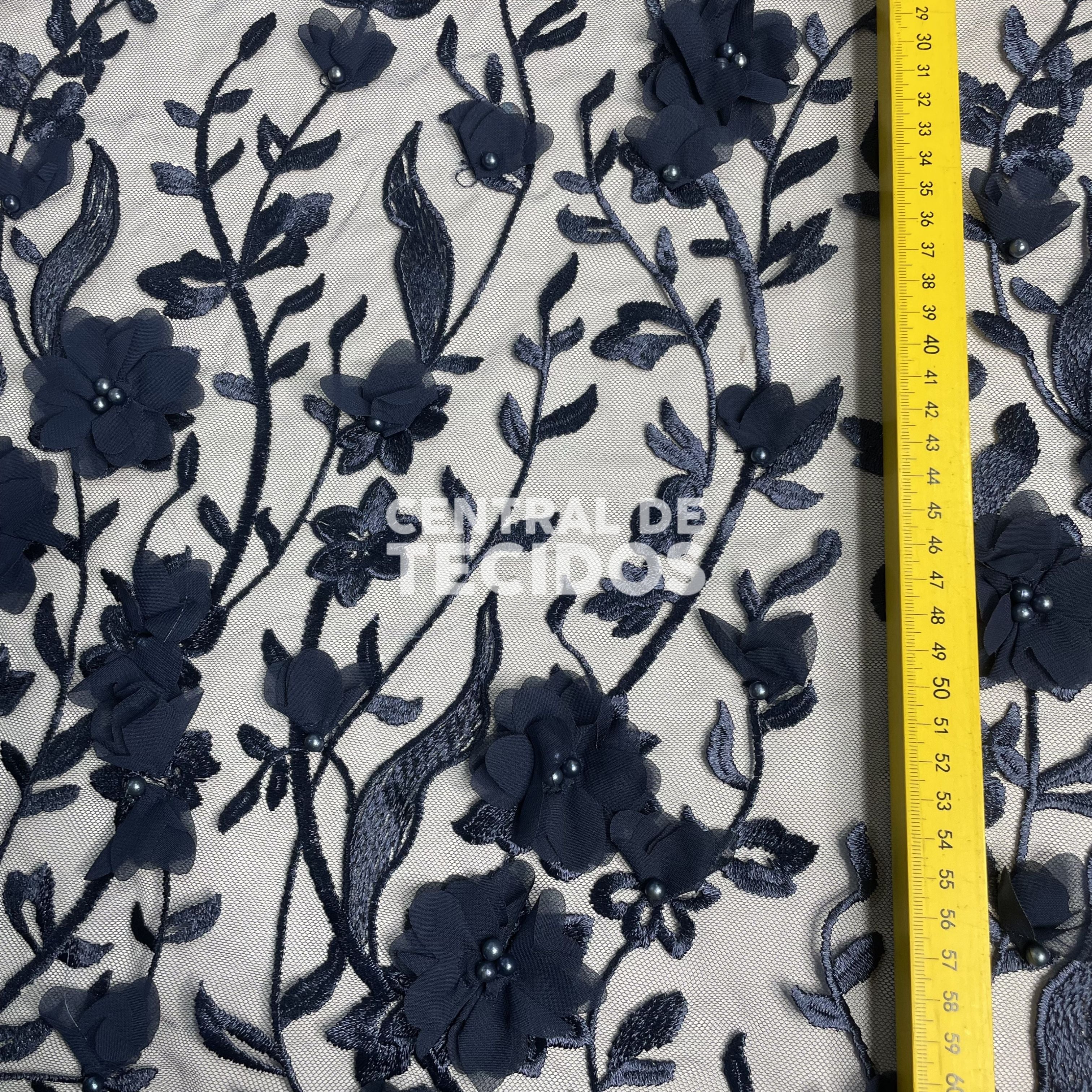 Tule Design Floral 3D Azul Marinho