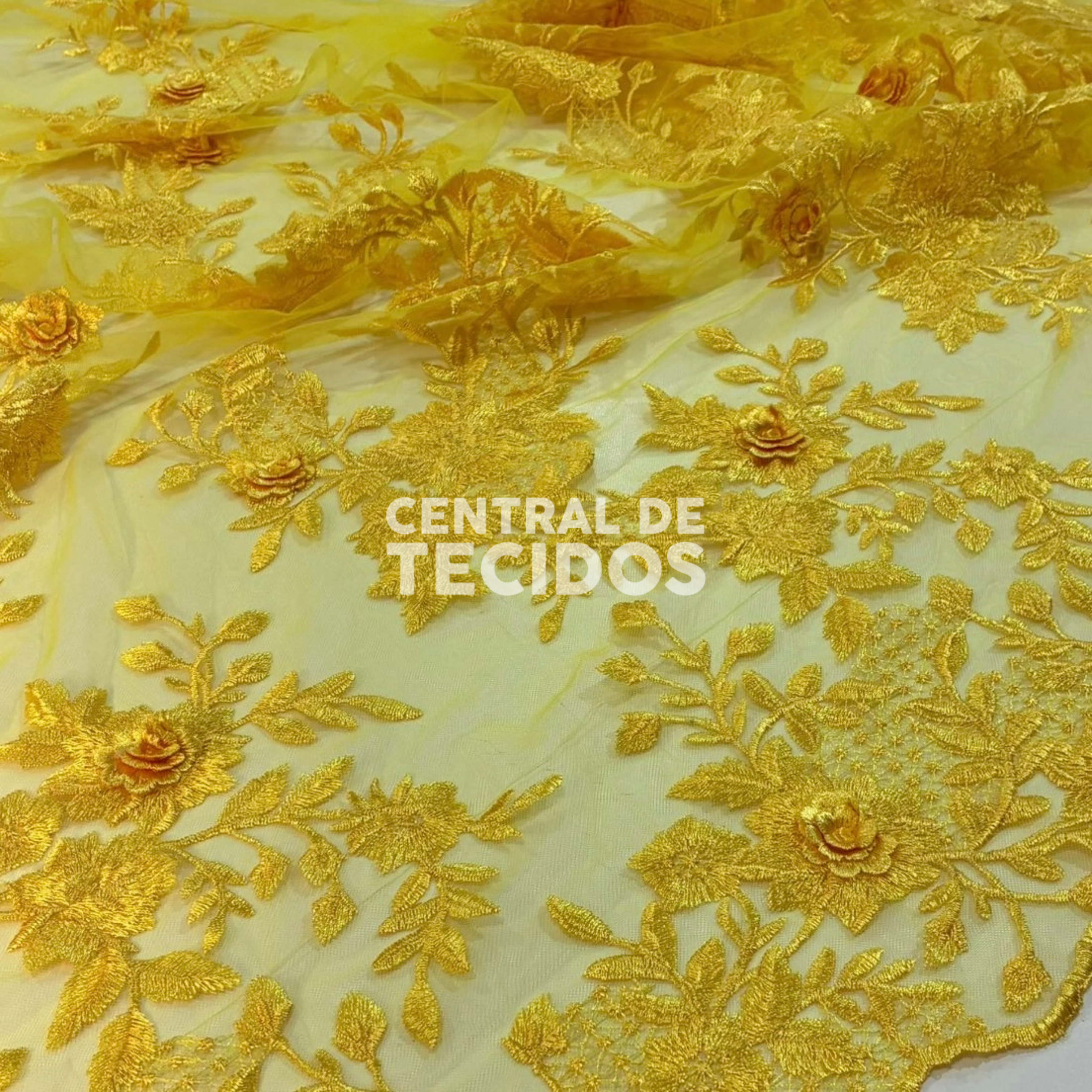 Tule Bordado London 3D Floral Amarelo Ouro