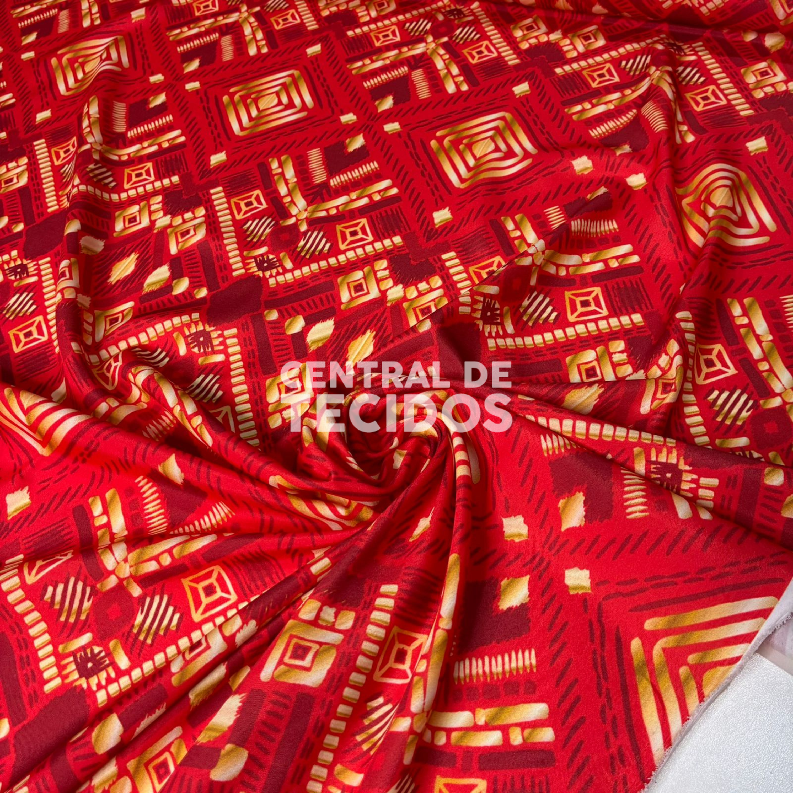 Crepe Haya Digital Étnico Vermelho e Dourado
