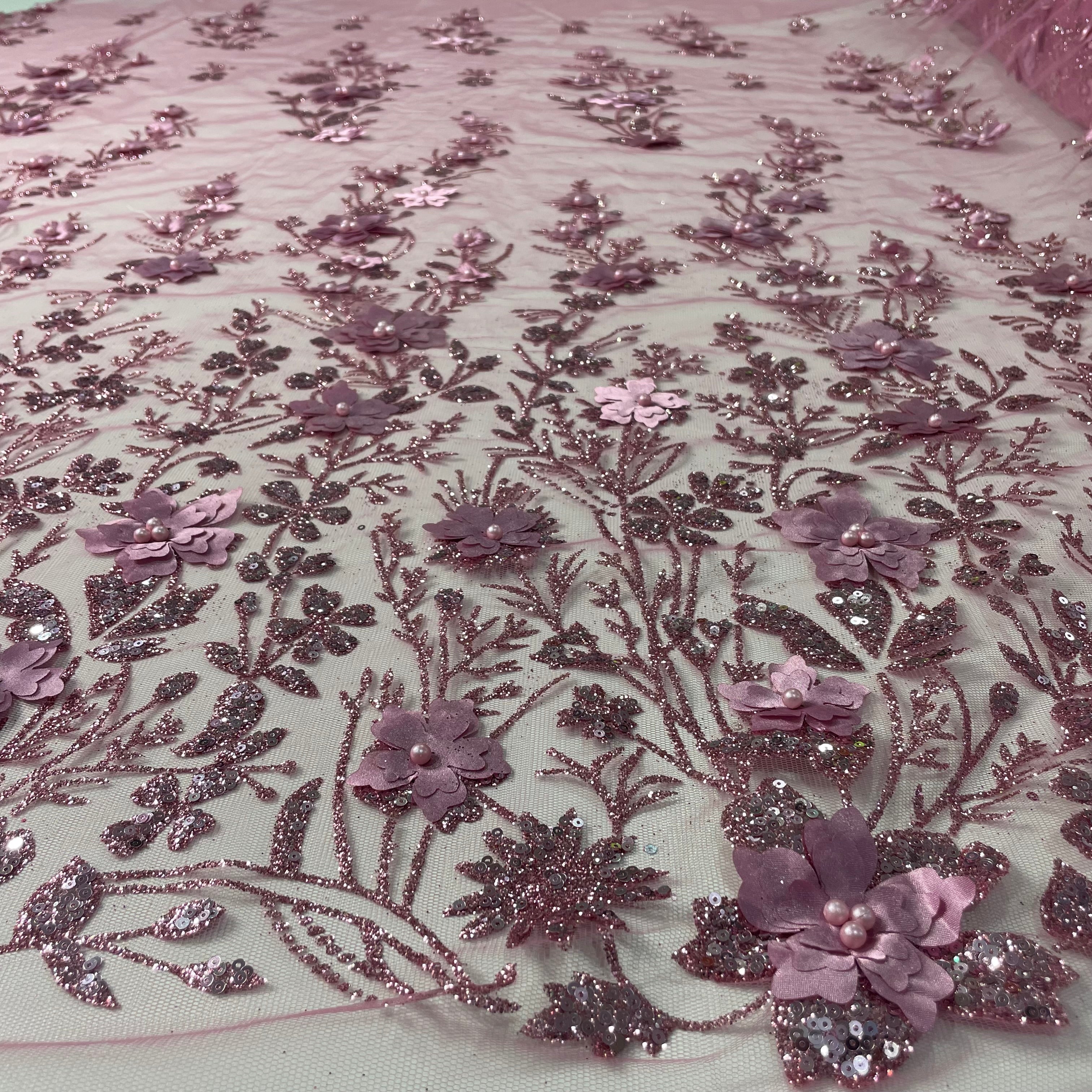 Tule Bordado Glitter 3D Floral Pérola Rosa Antigo