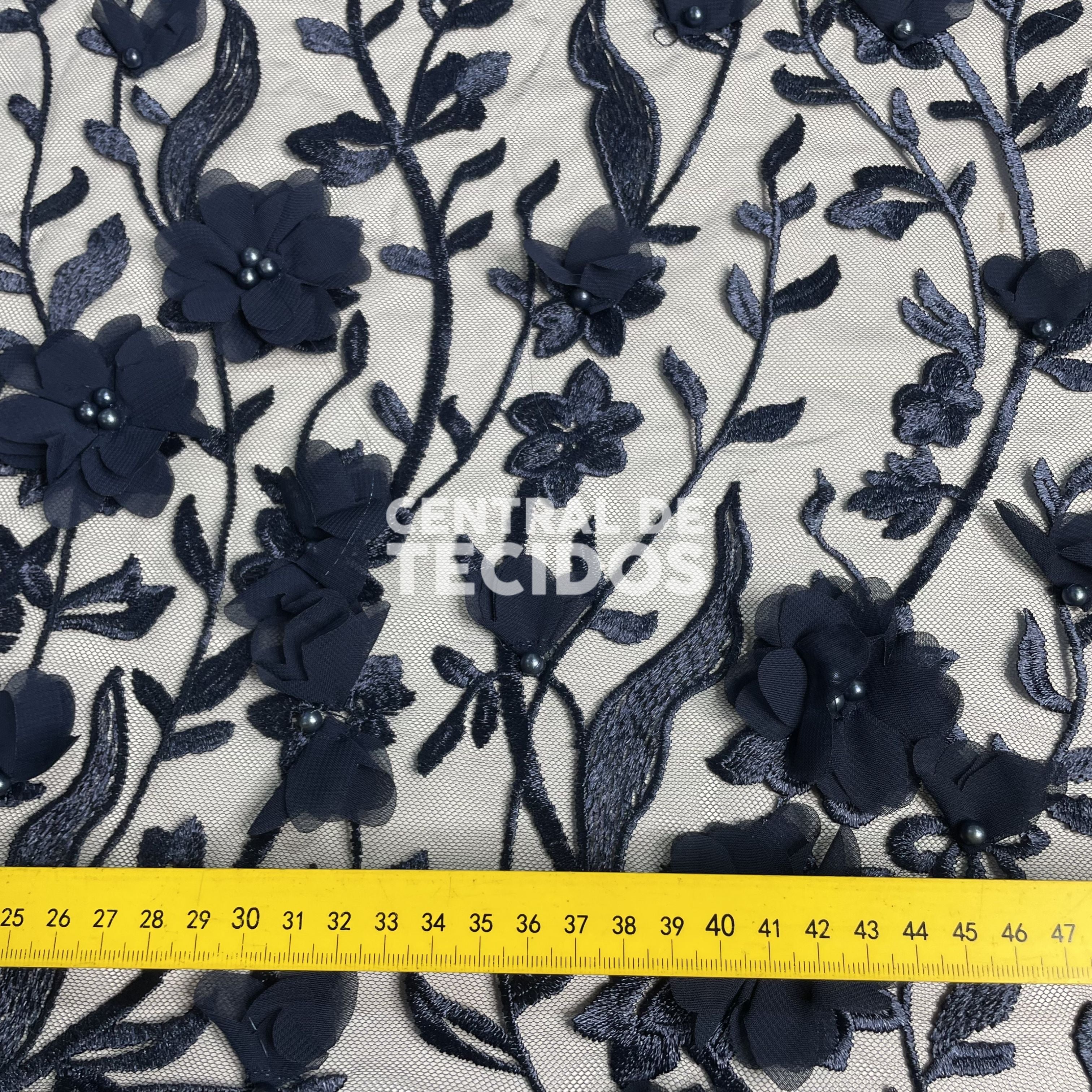 Tule Design Floral 3D Azul Marinho