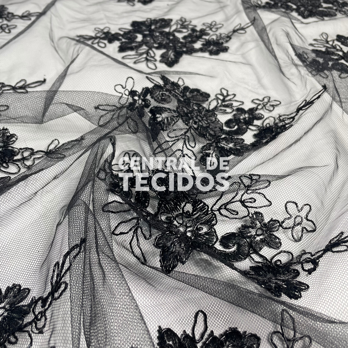 Tule Bordado Metalic Preto Fio Preto