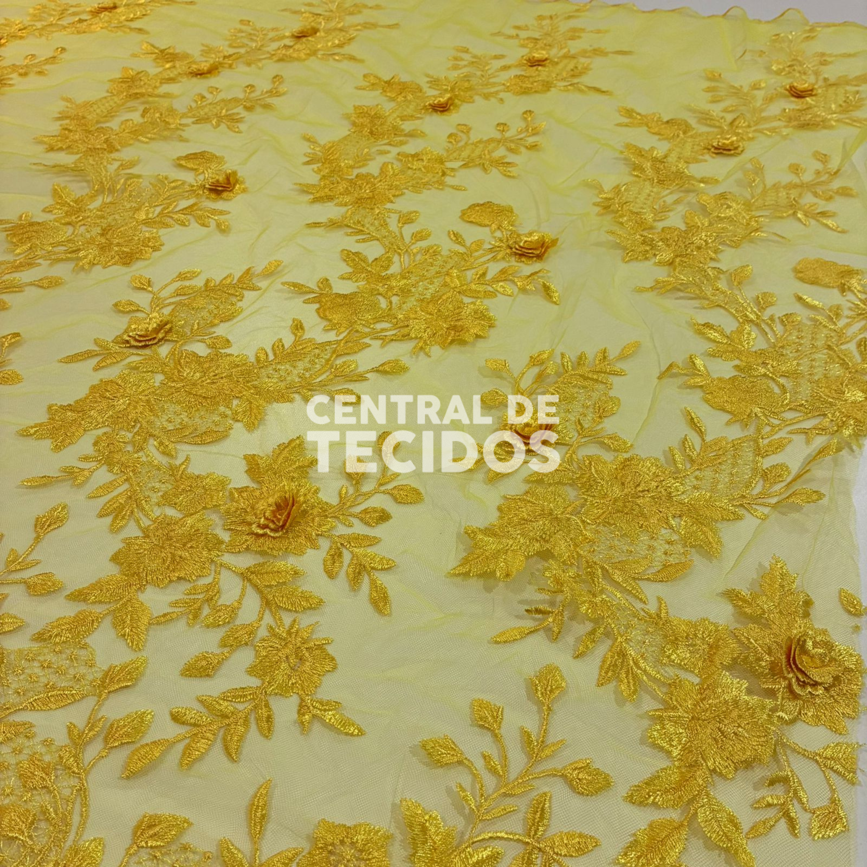 Tule Bordado London 3D Floral Amarelo Ouro