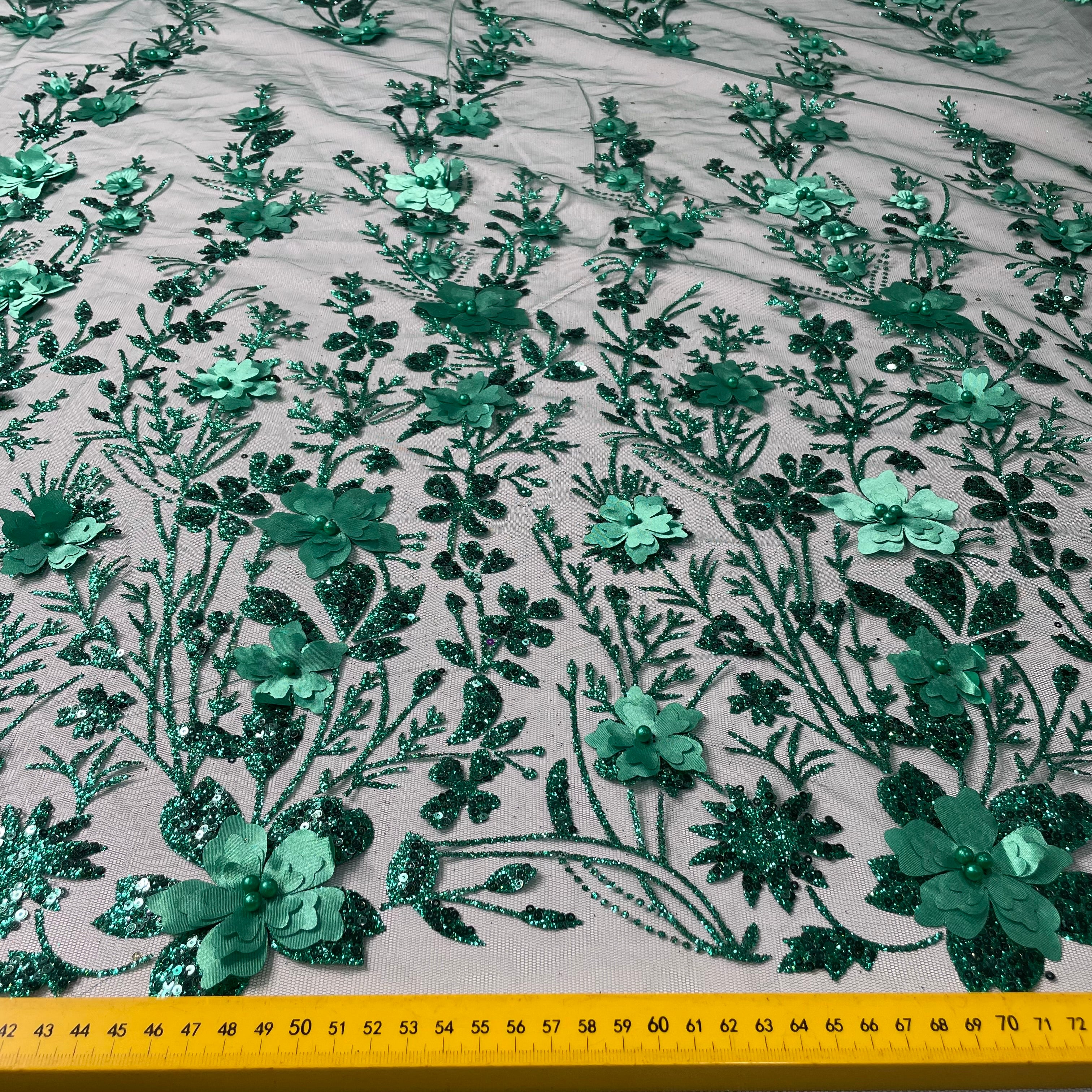 Tule Bordado Glitter 3D Floral Pérola Verde Esmeralda