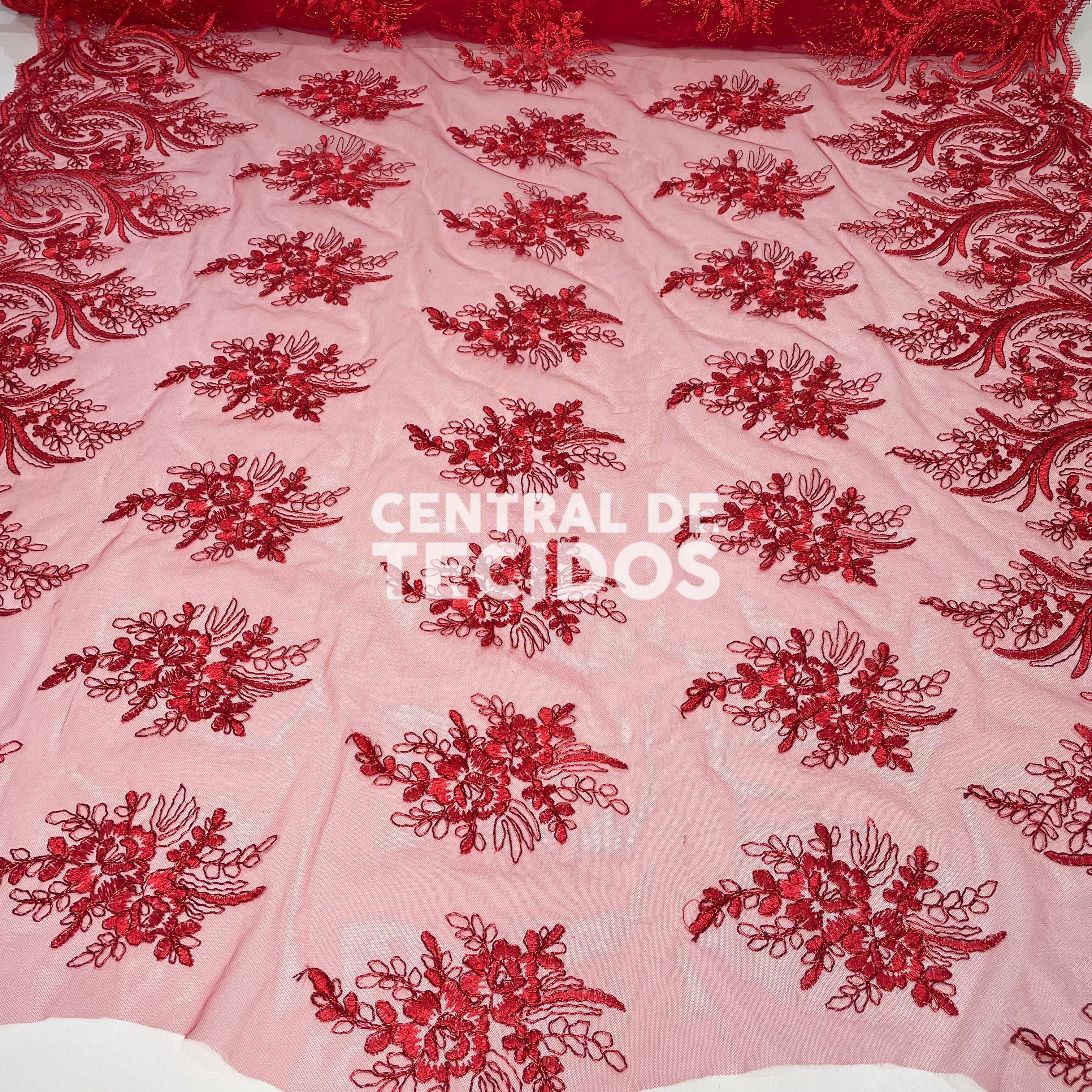 Tule Bordado Metalic Vermelho
