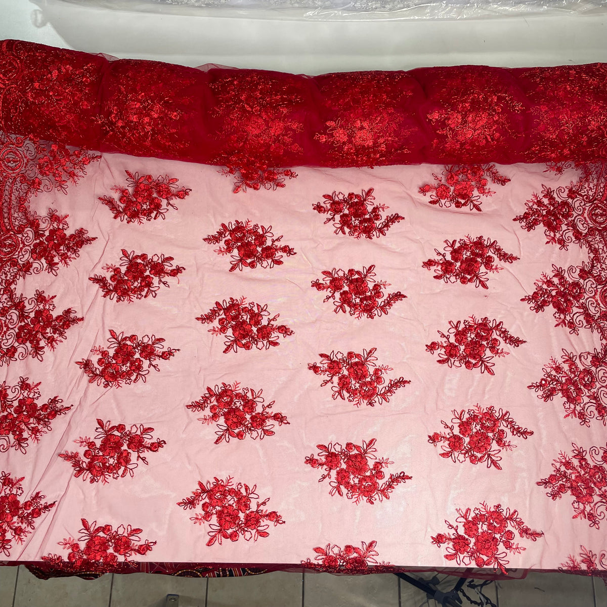 Tule Bordado Metalic Vermelho Fio Vermelho