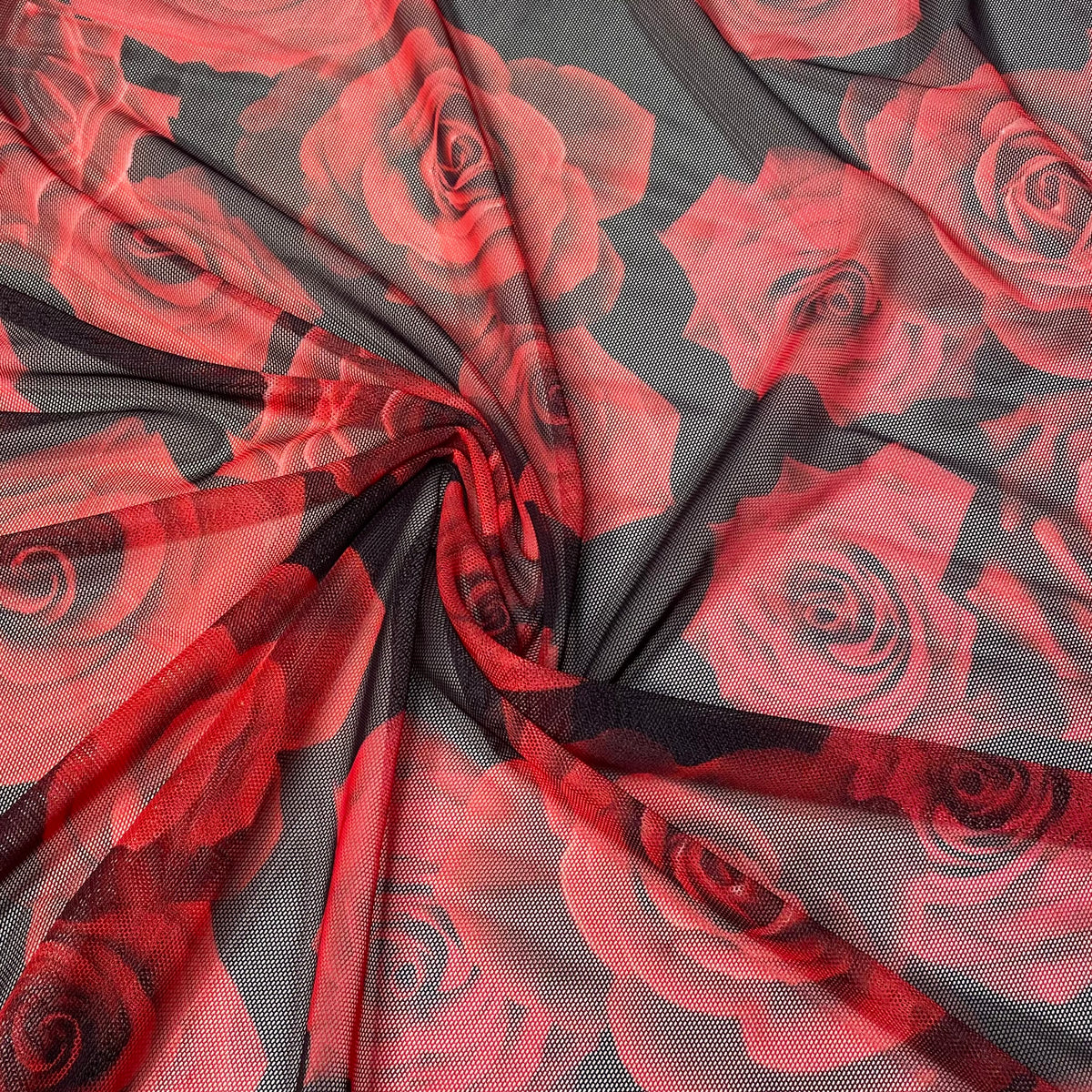 Tule com Elastano Digital Rosas Vermelhas