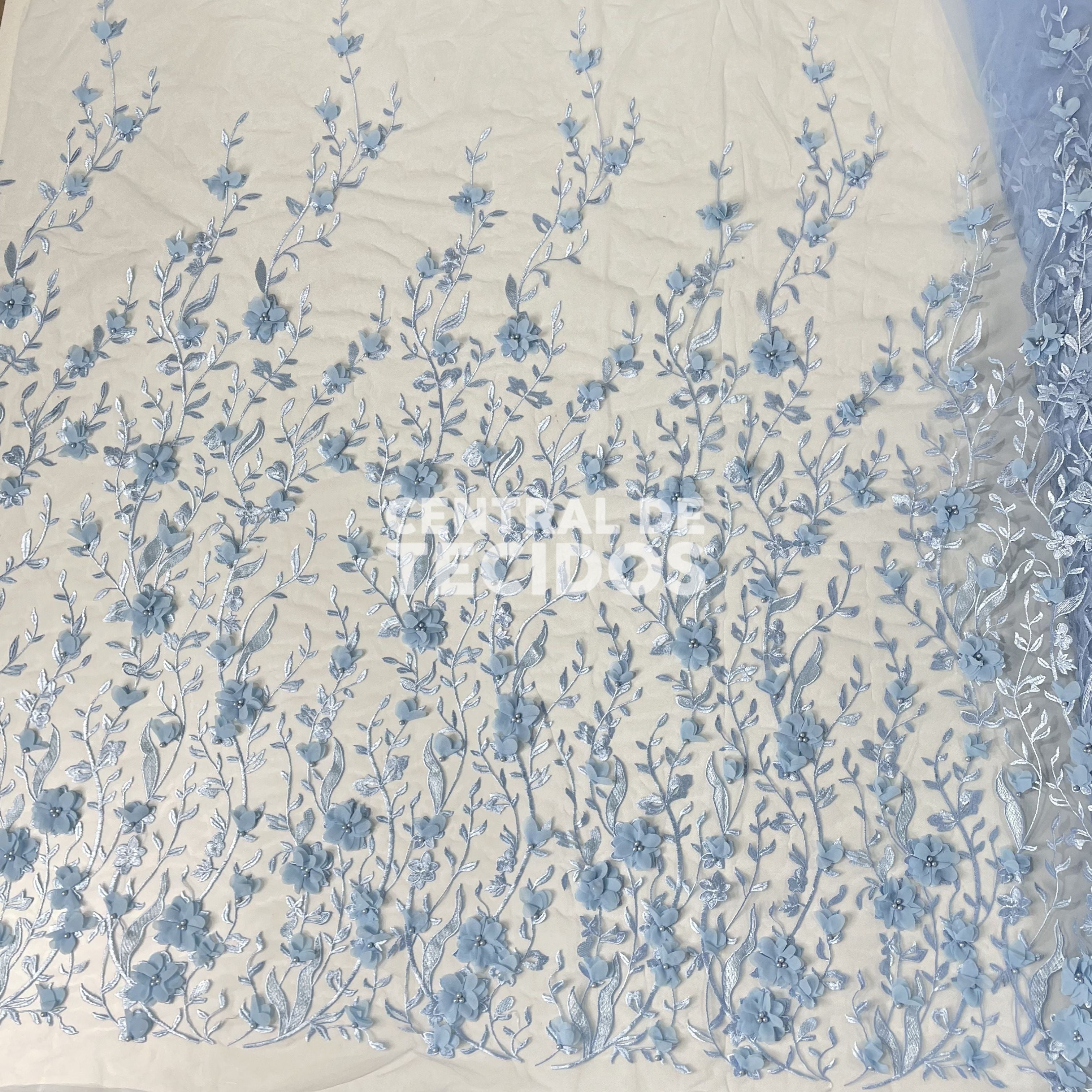 Tule Design Floral 3D Azul Bebê