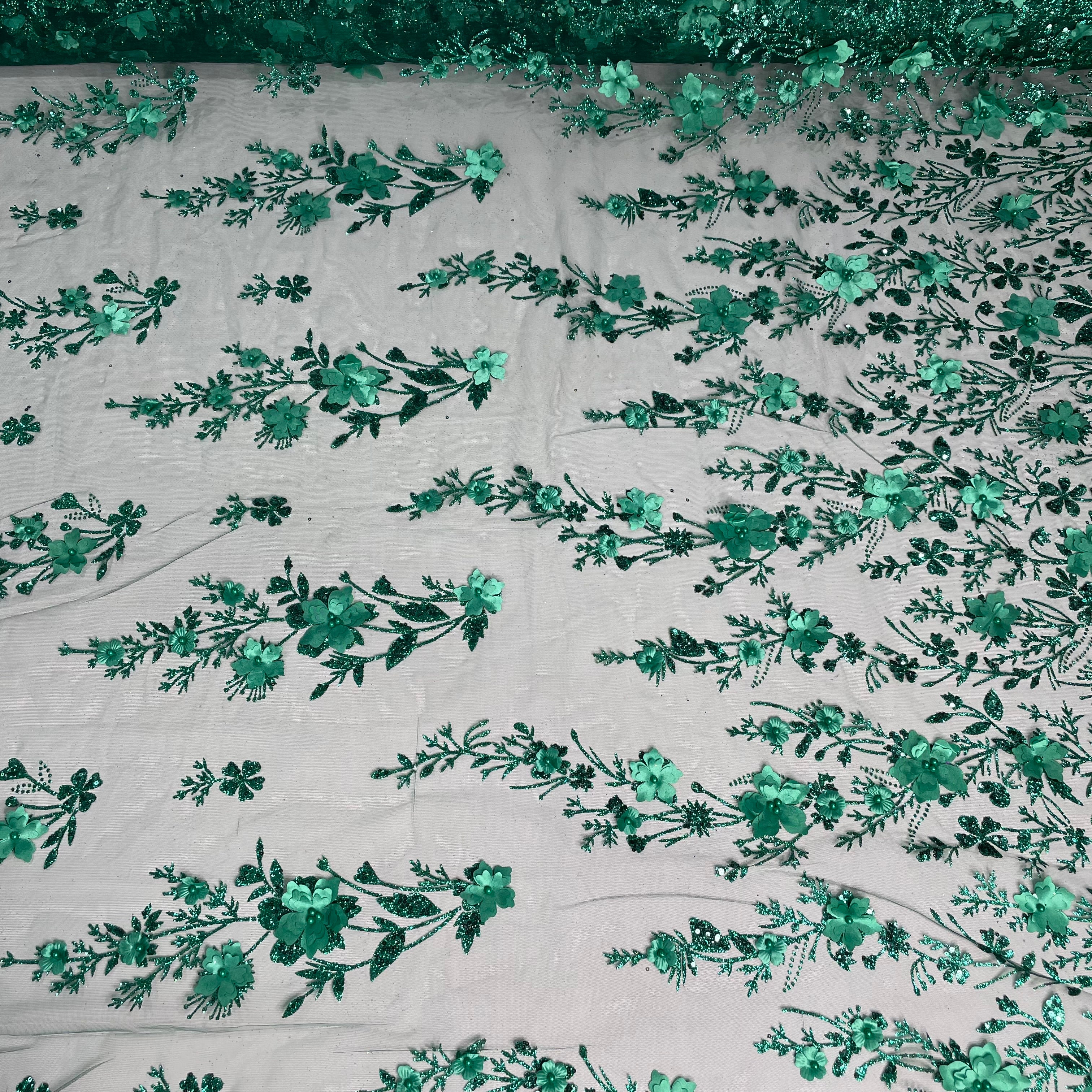 Tule Bordado Glitter 3D Floral Pérola Verde Esmeralda