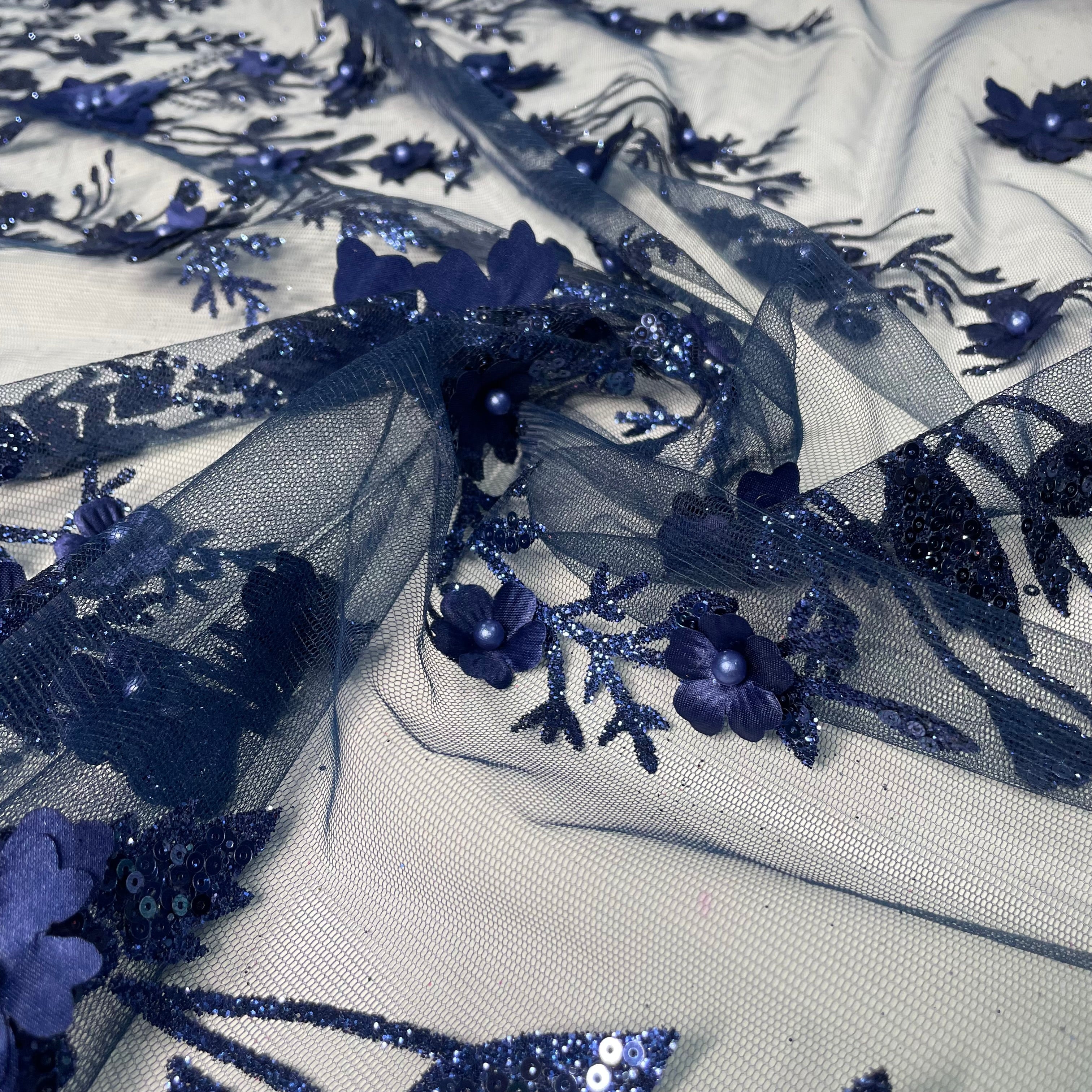 Tule Bordado Glitter 3D Floral Pérola Azul Marinho