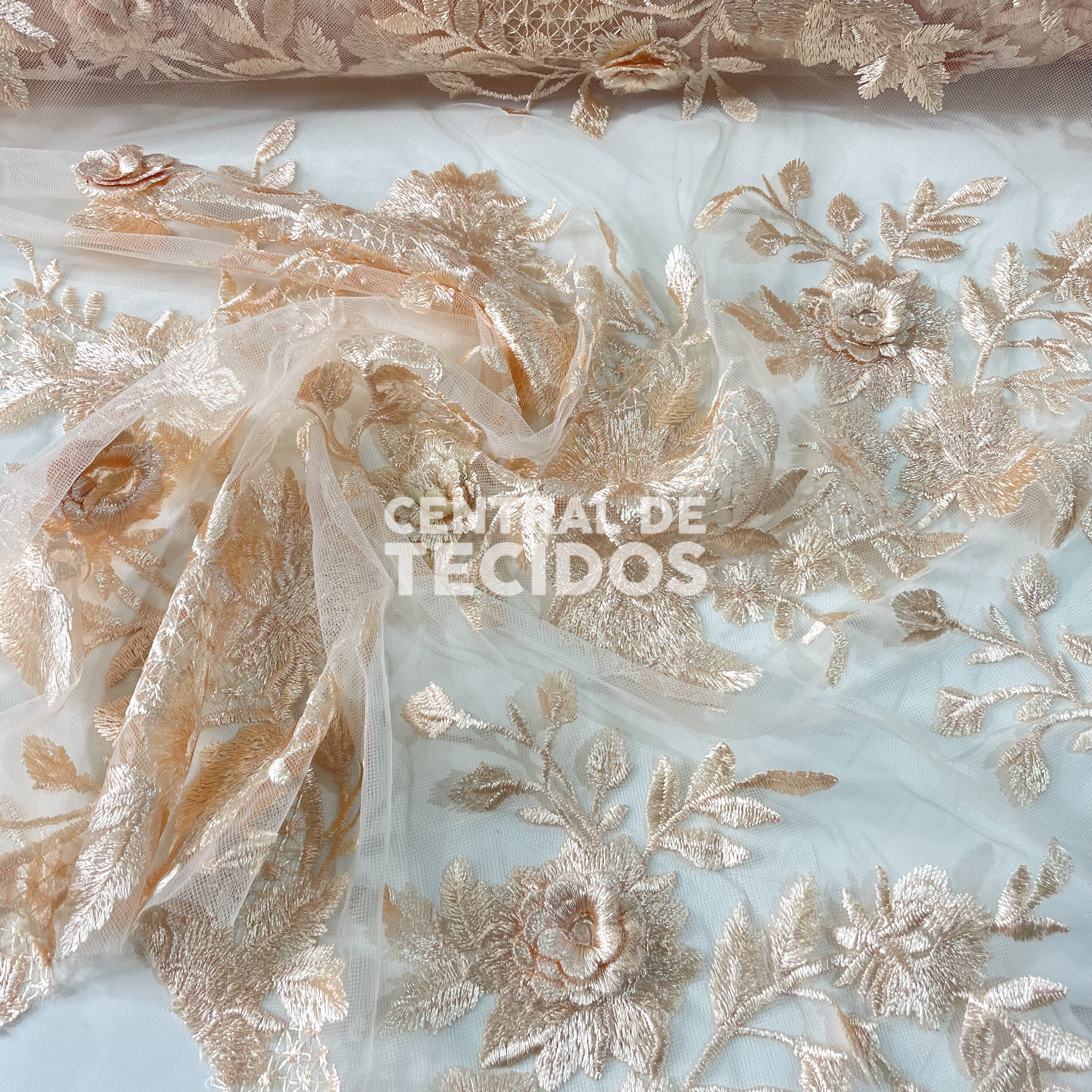 Tule Bordado 3D Floral Nude