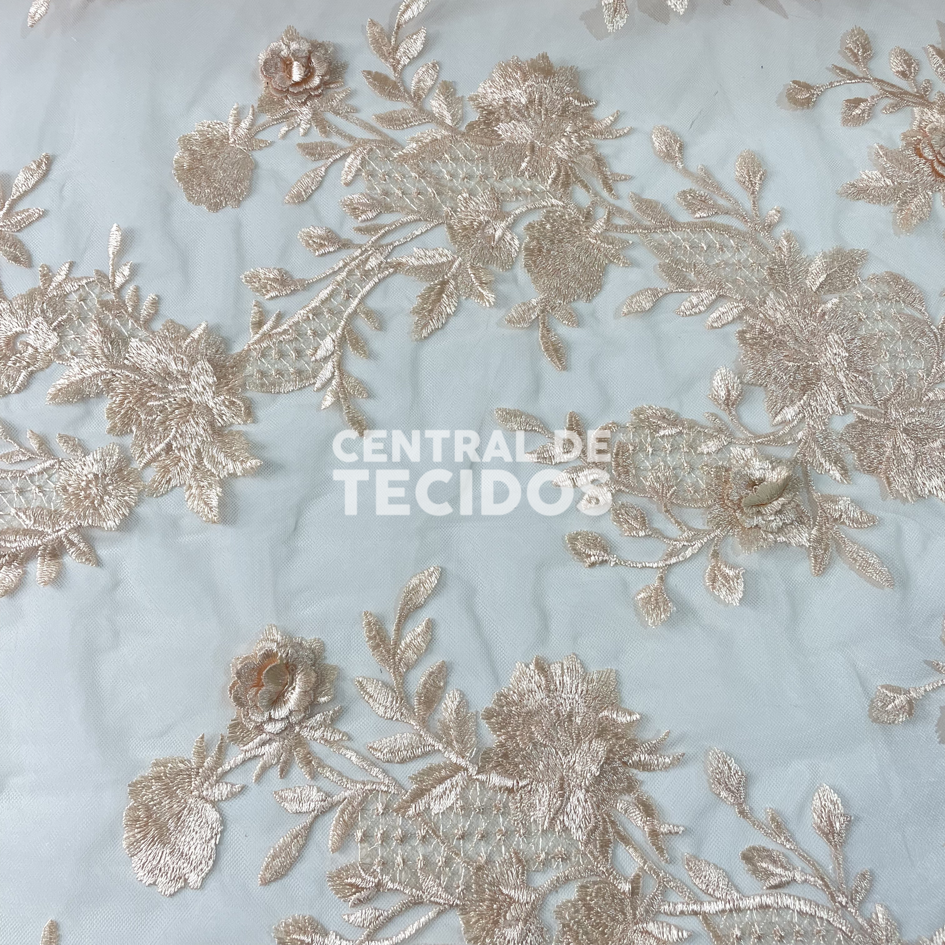 Tule Bordado 3D Floral Nude