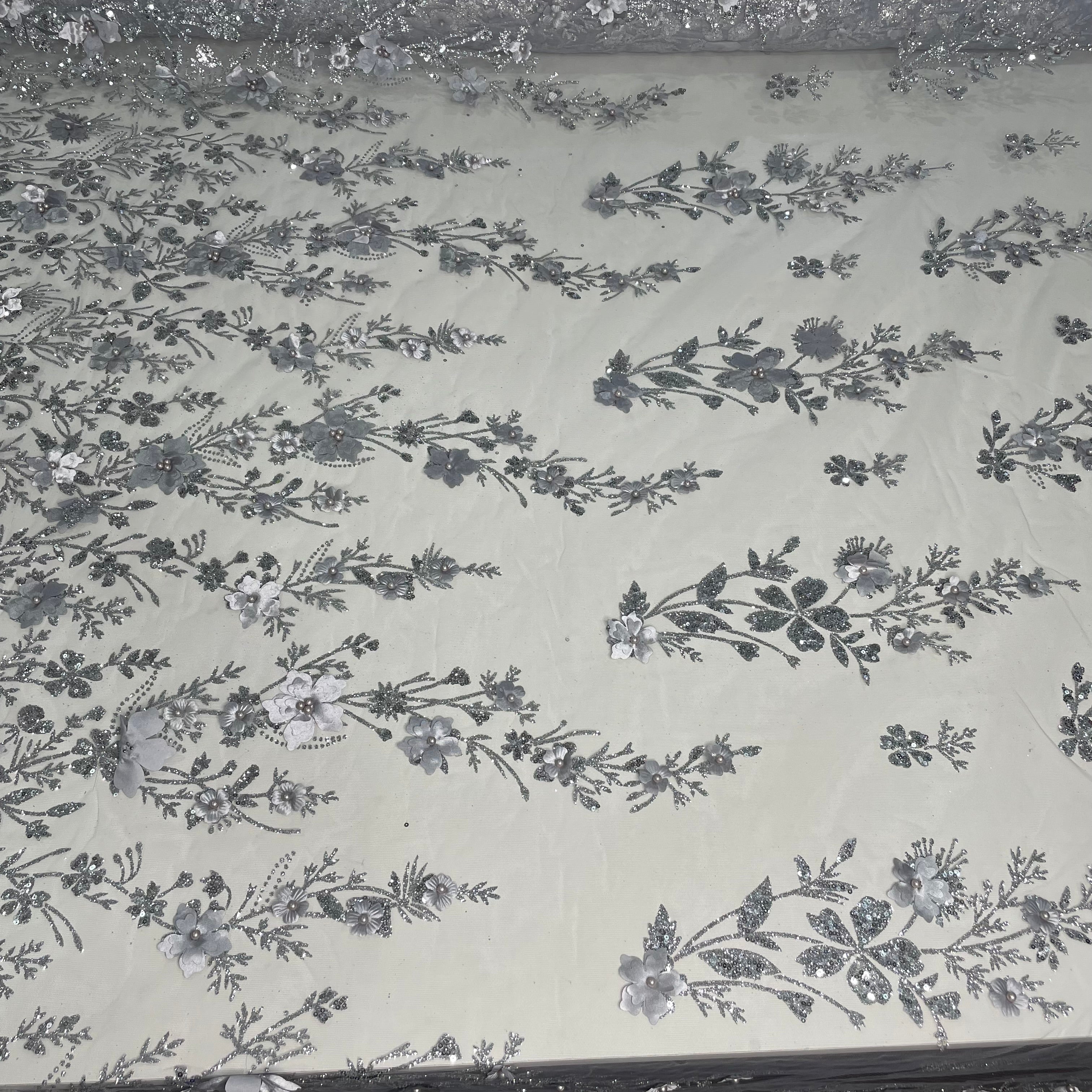 Tule Bordado Glitter 3D Floral Pérola Prateado