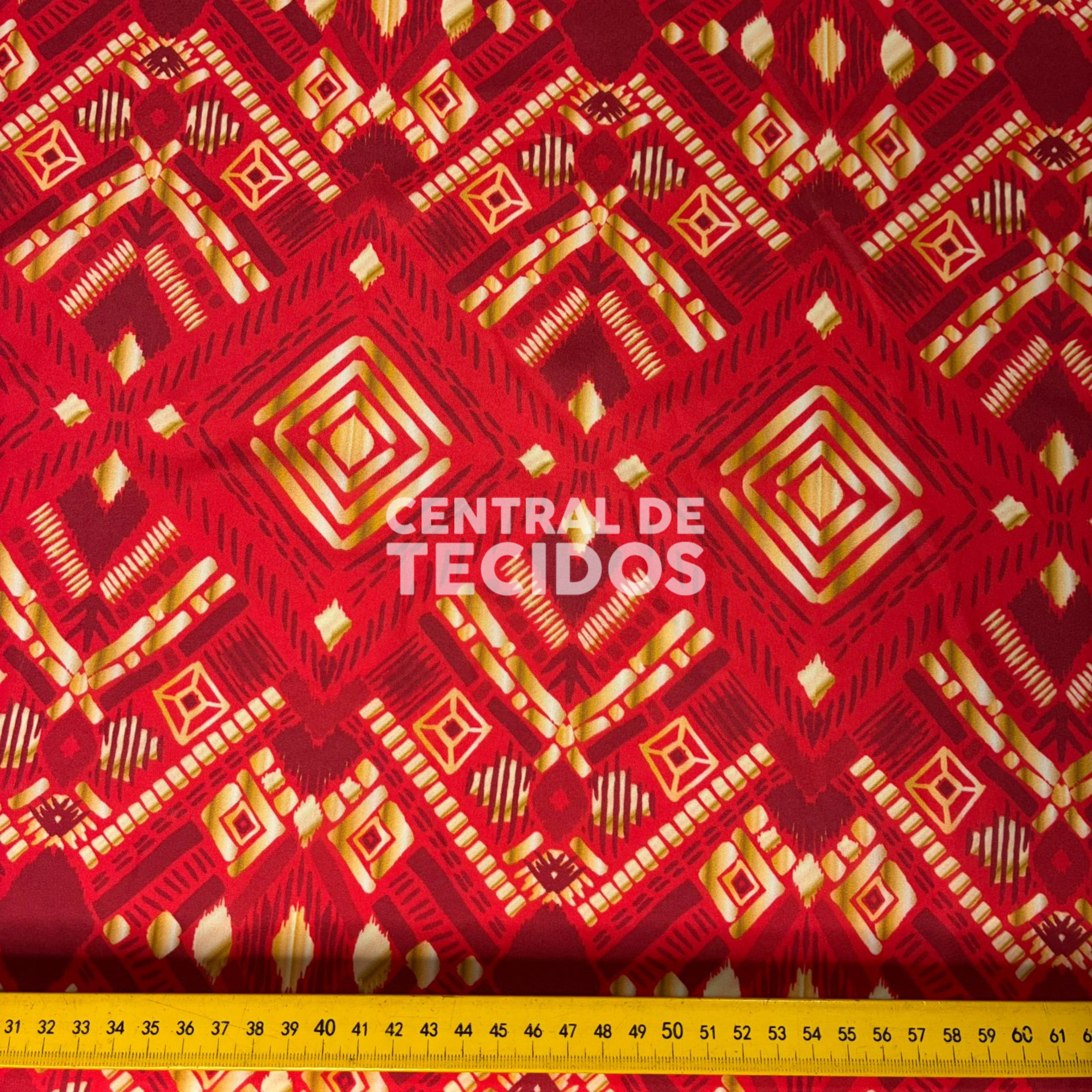 Crepe Haya Digital Étnico Vermelho e Dourado