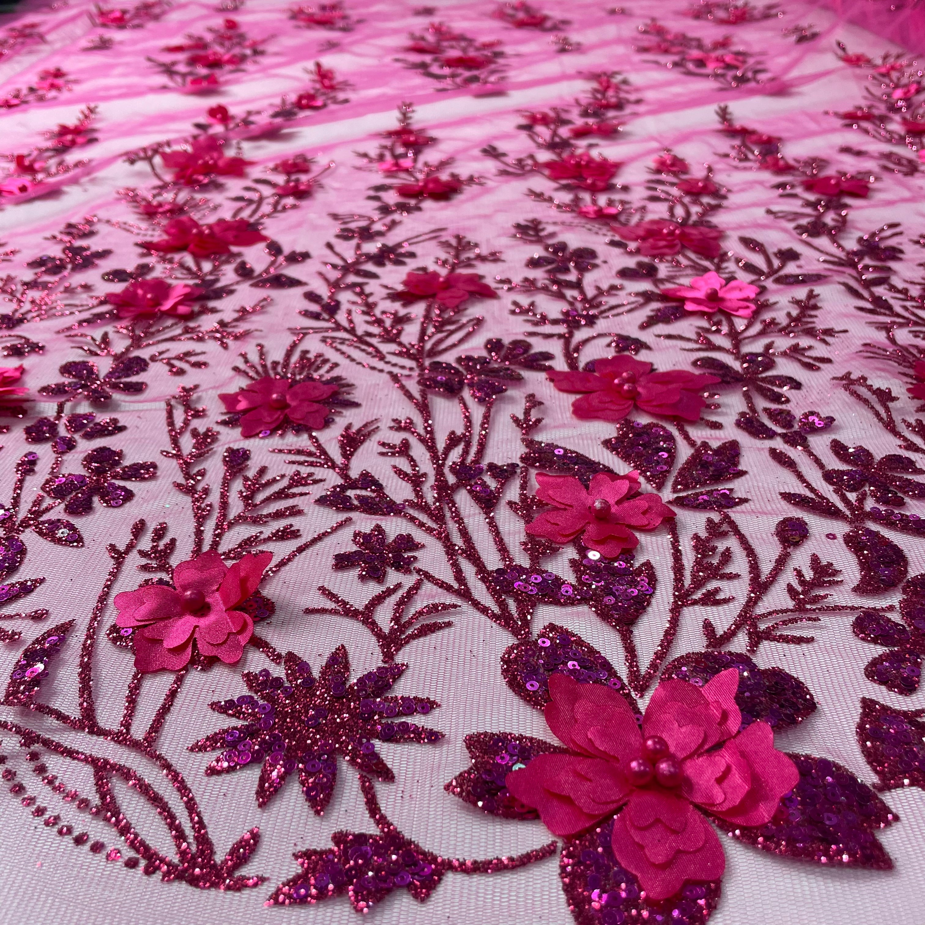 Tule Bordado Glitter 3D Floral Pérola Rosa Choque