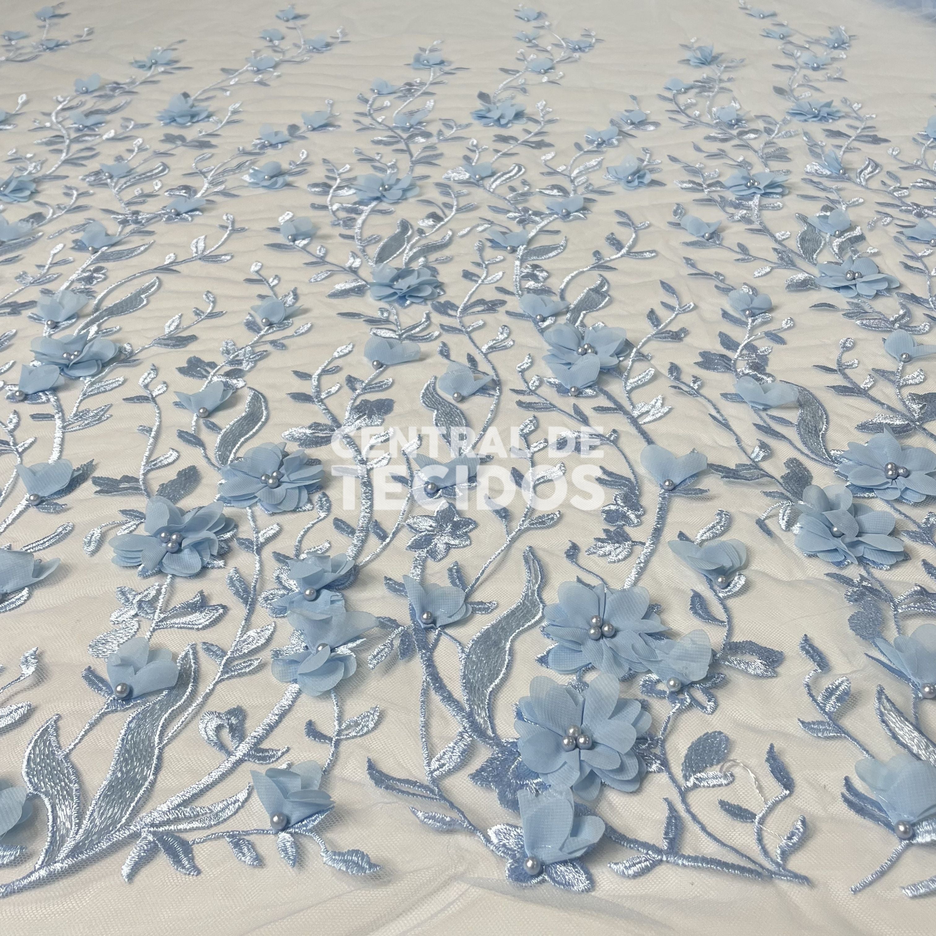 Tule Design Floral 3D Azul Bebê